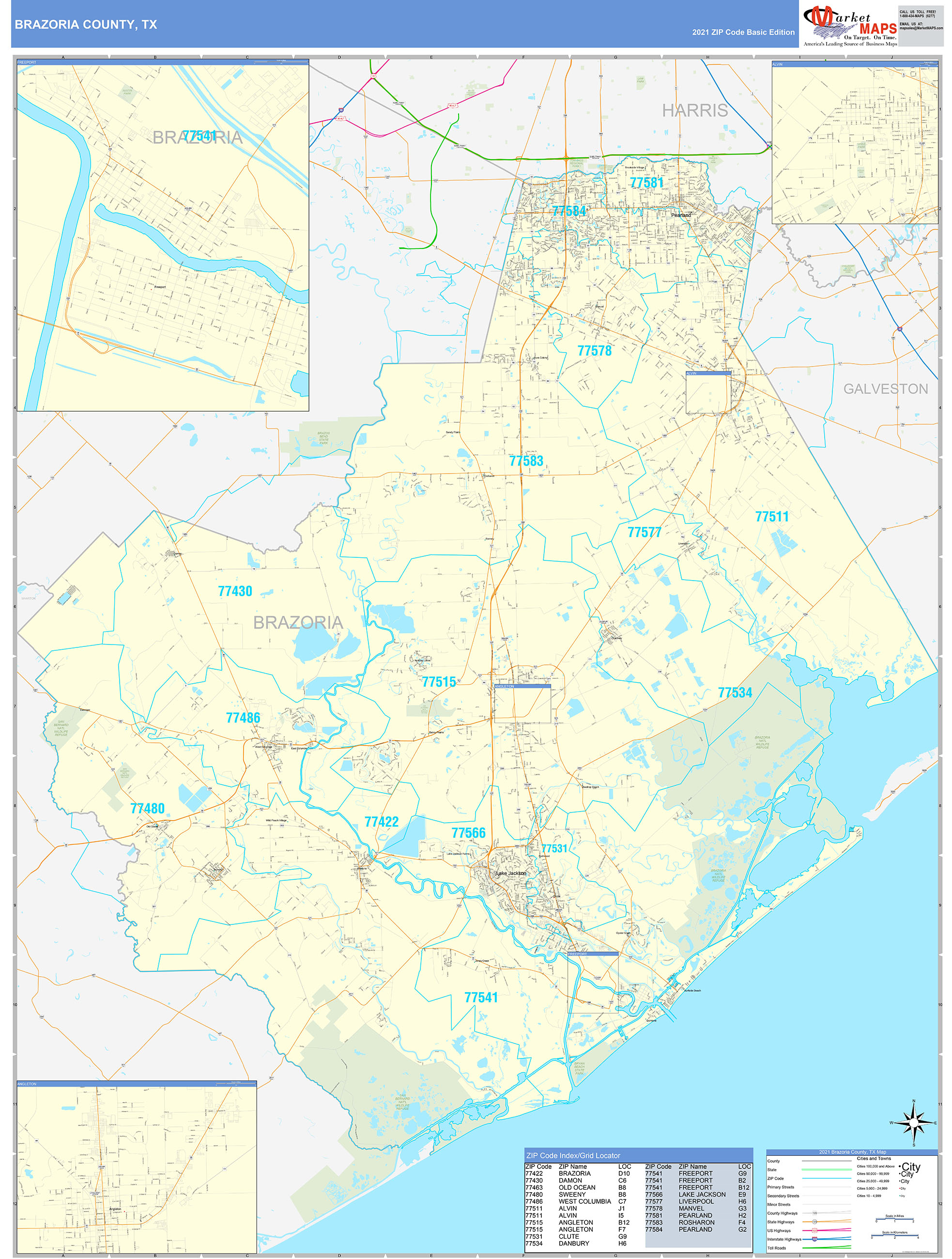 Brazoria County, TX Zip Code Wall Map Basic Style by MarketMAPS MapSales