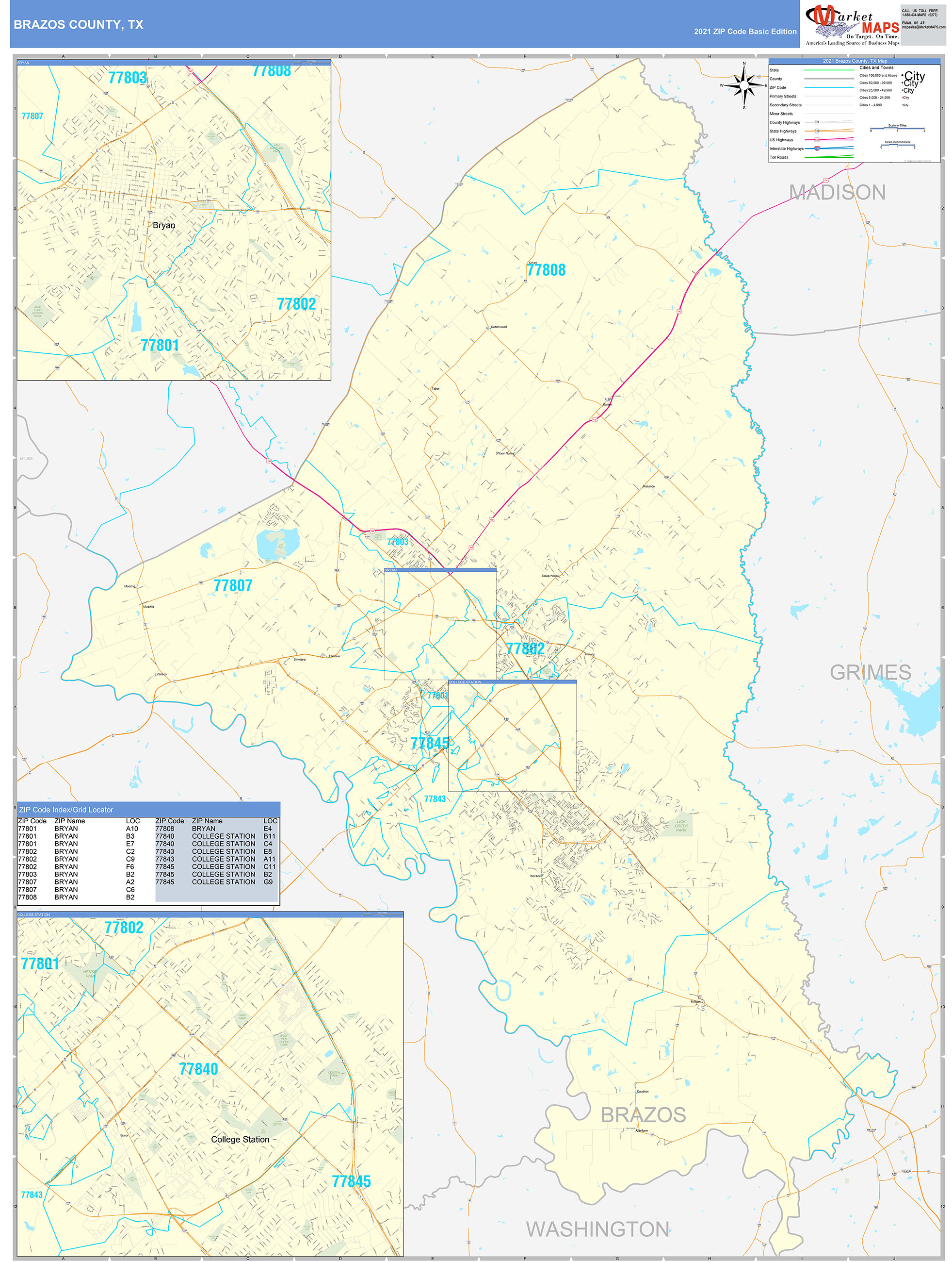 Brazos County Tx Zip Code Wall Map Basic Style By Marketmaps Mapsales