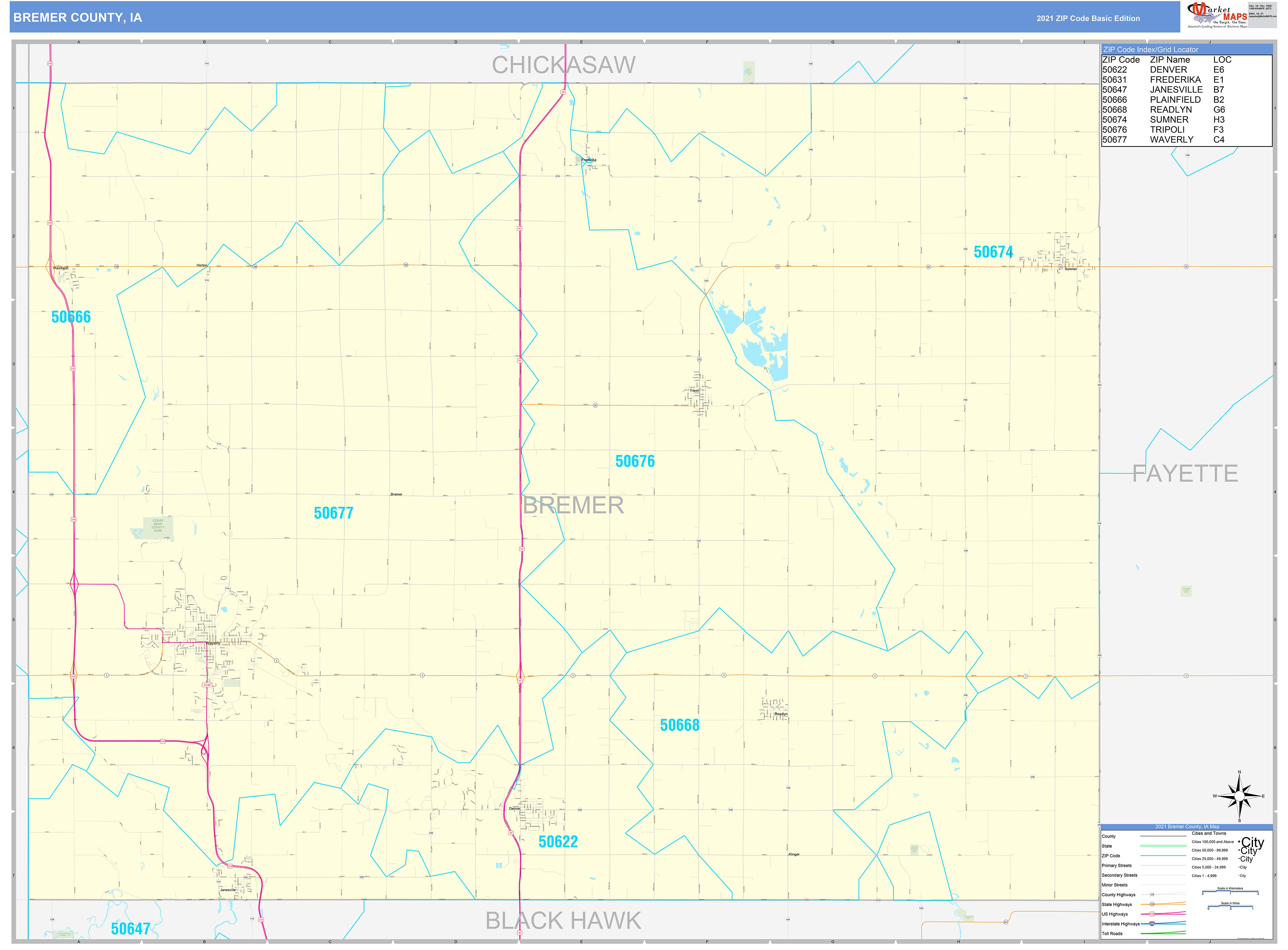 Bremer County, IA Zip Code Wall Map Basic Style by MarketMAPS