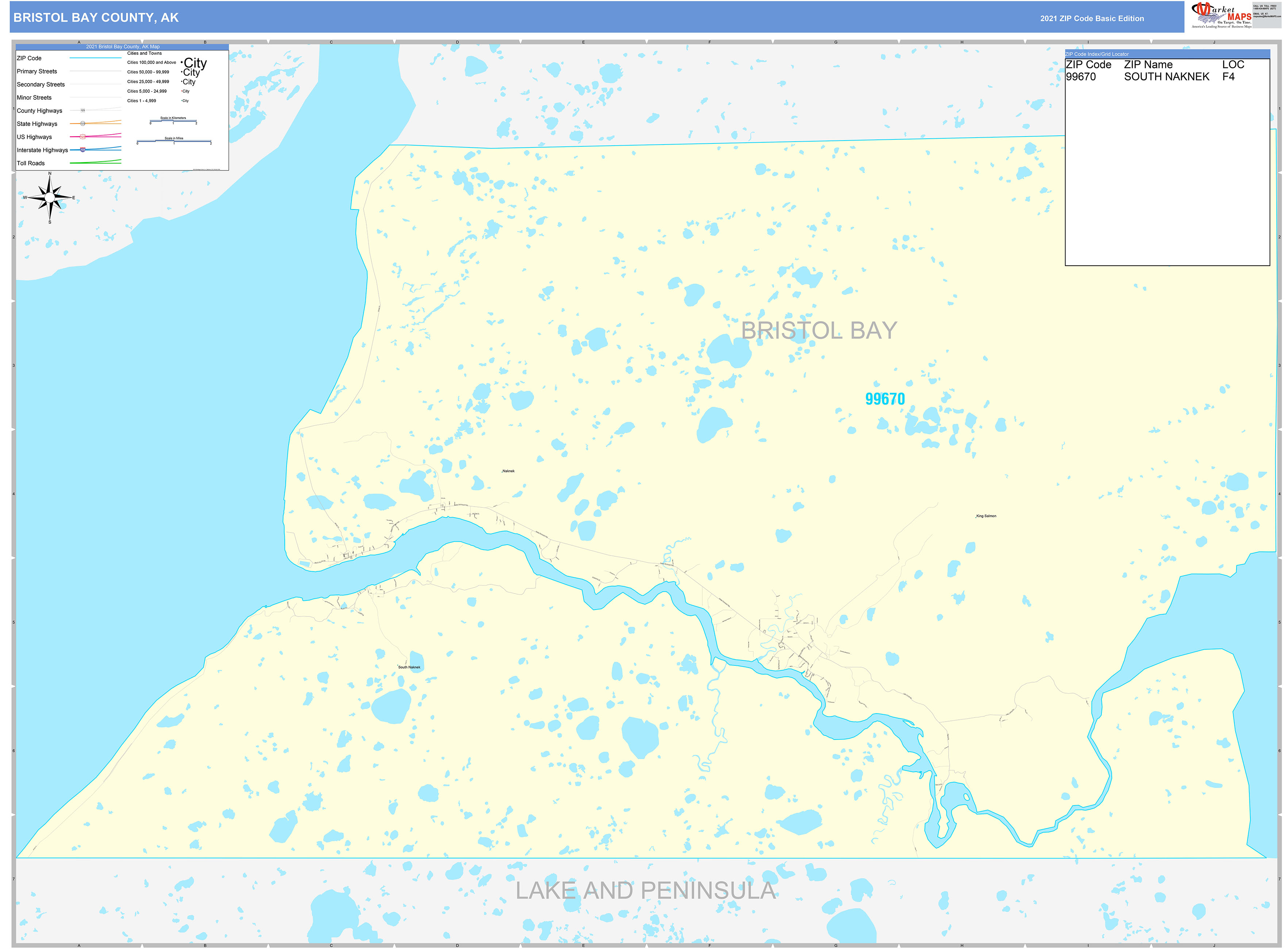 Bristol Bay County, AK Zip Code Wall Map Basic Style by MarketMAPS
