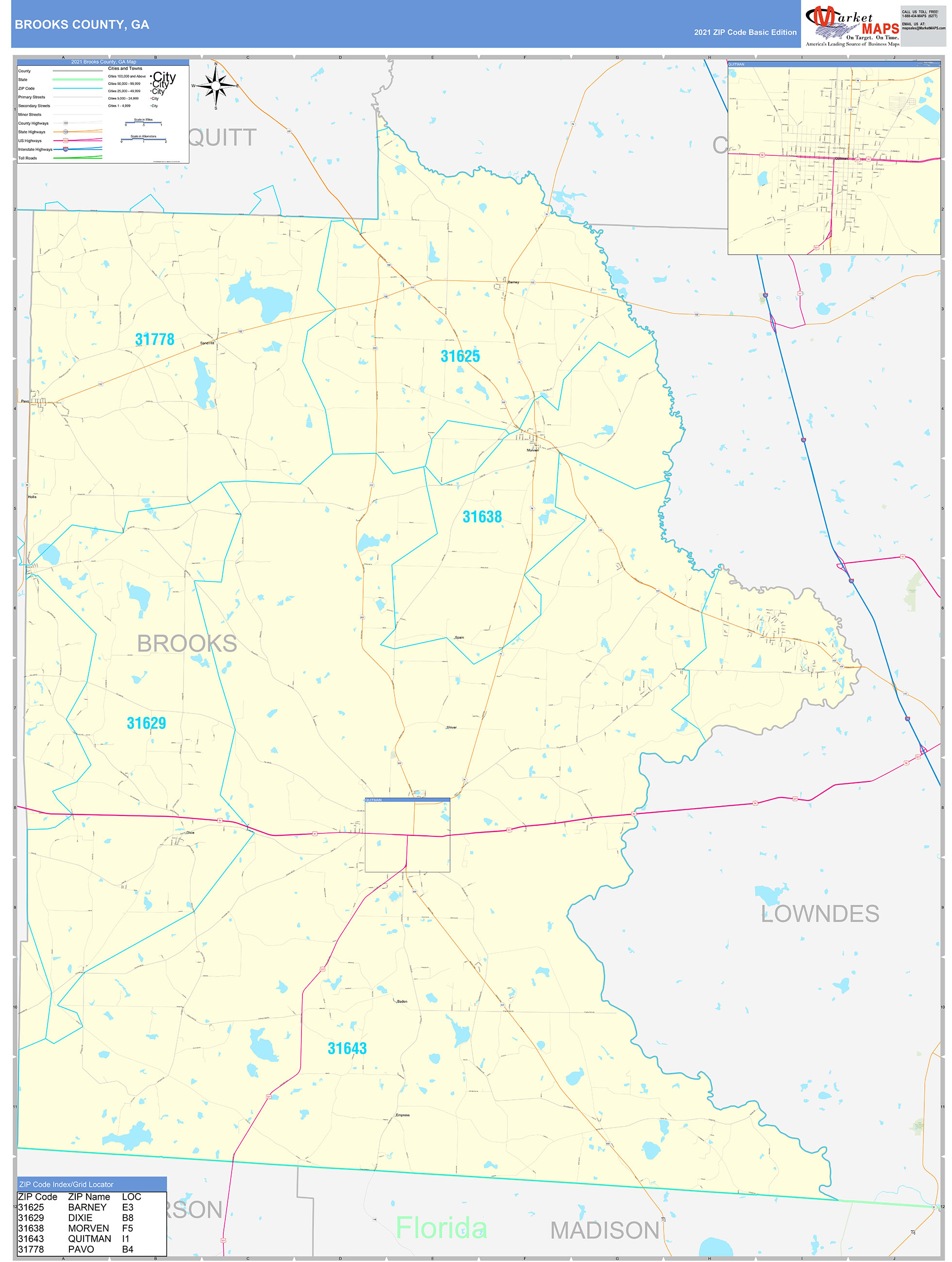 Brooks County, GA Zip Code Wall Map Basic Style by MarketMAPS