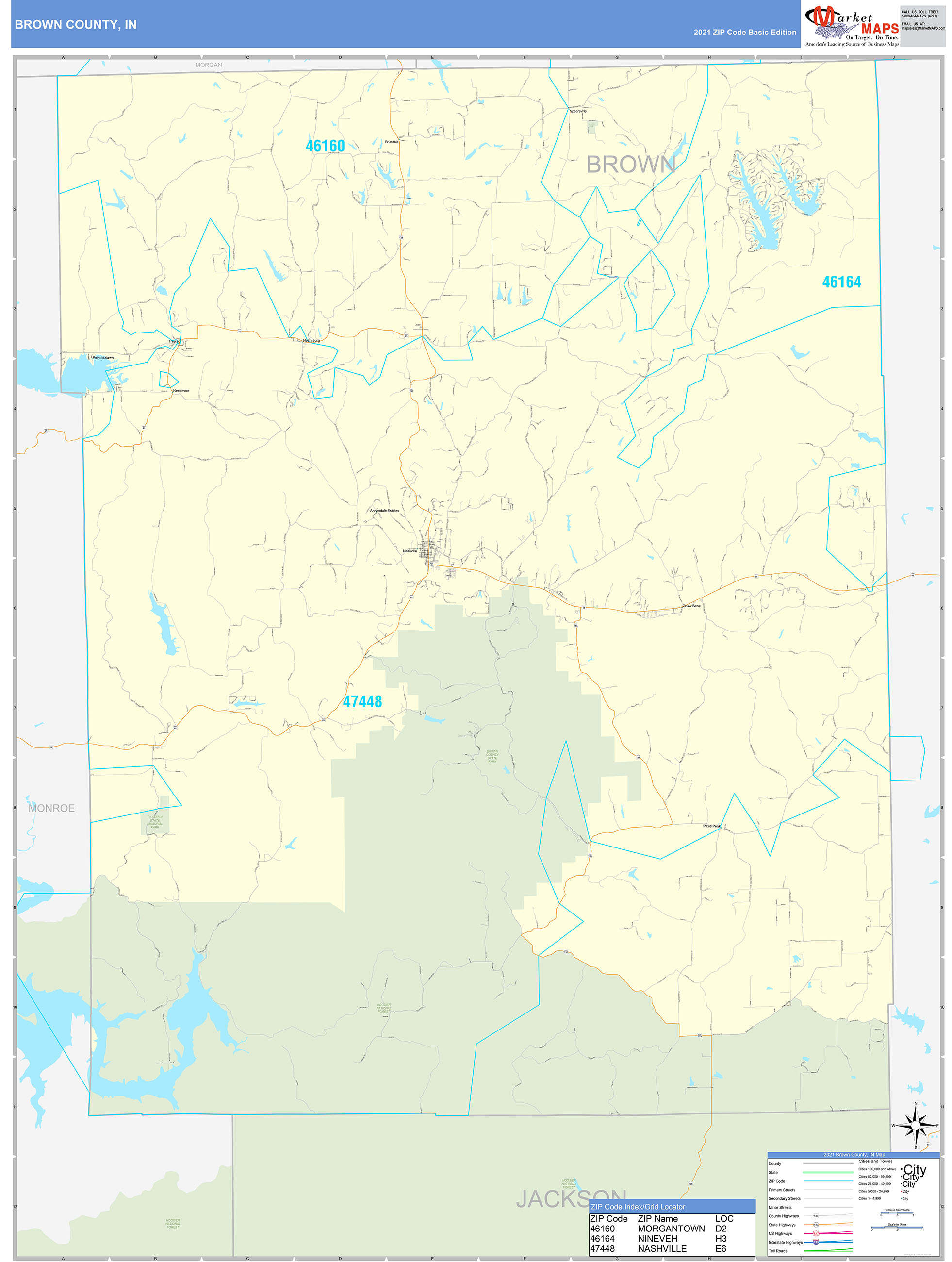 Brown County, IN Zip Code Wall Map Basic Style by MarketMAPS