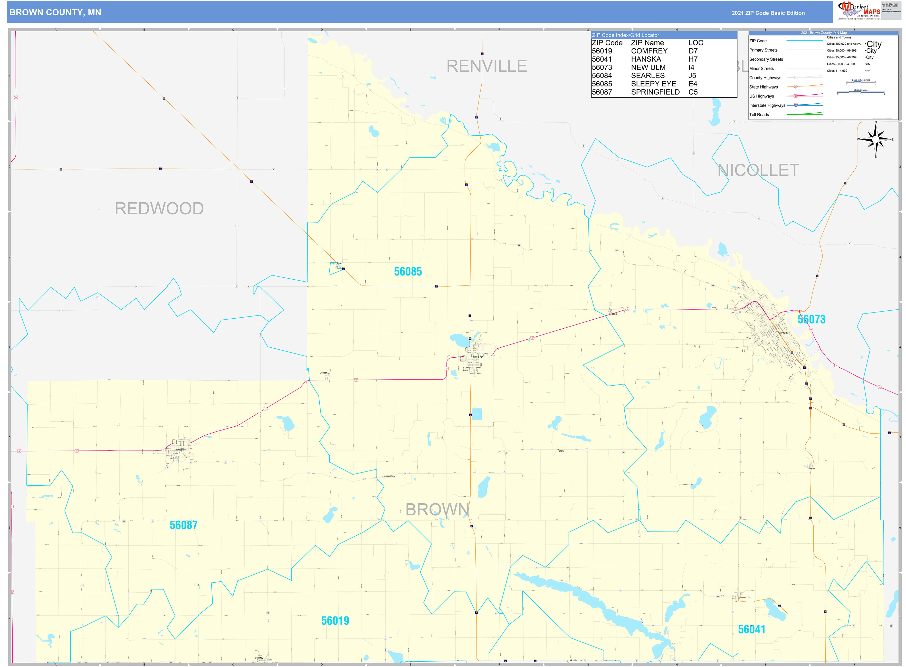 Brown County, MN Zip Code Wall Map Basic Style by MarketMAPS