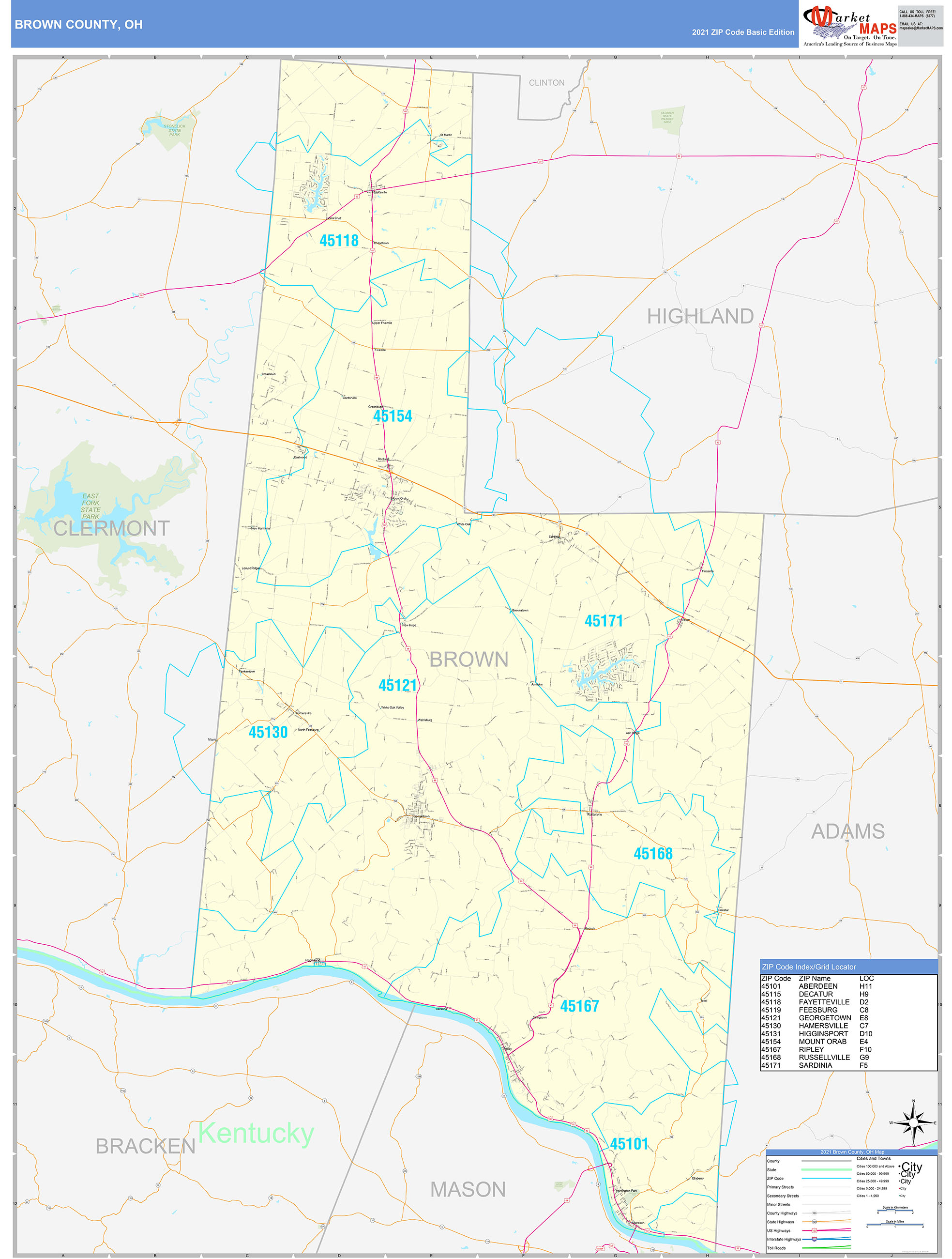 Brown County, OH Zip Code Wall Map Basic Style by MarketMAPS MapSales