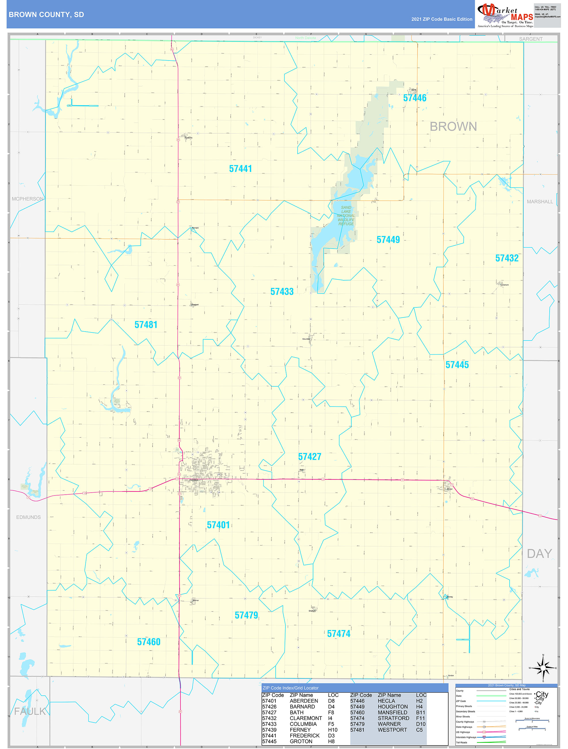 Brown County, SD Zip Code Wall Map Basic Style by MarketMAPS MapSales