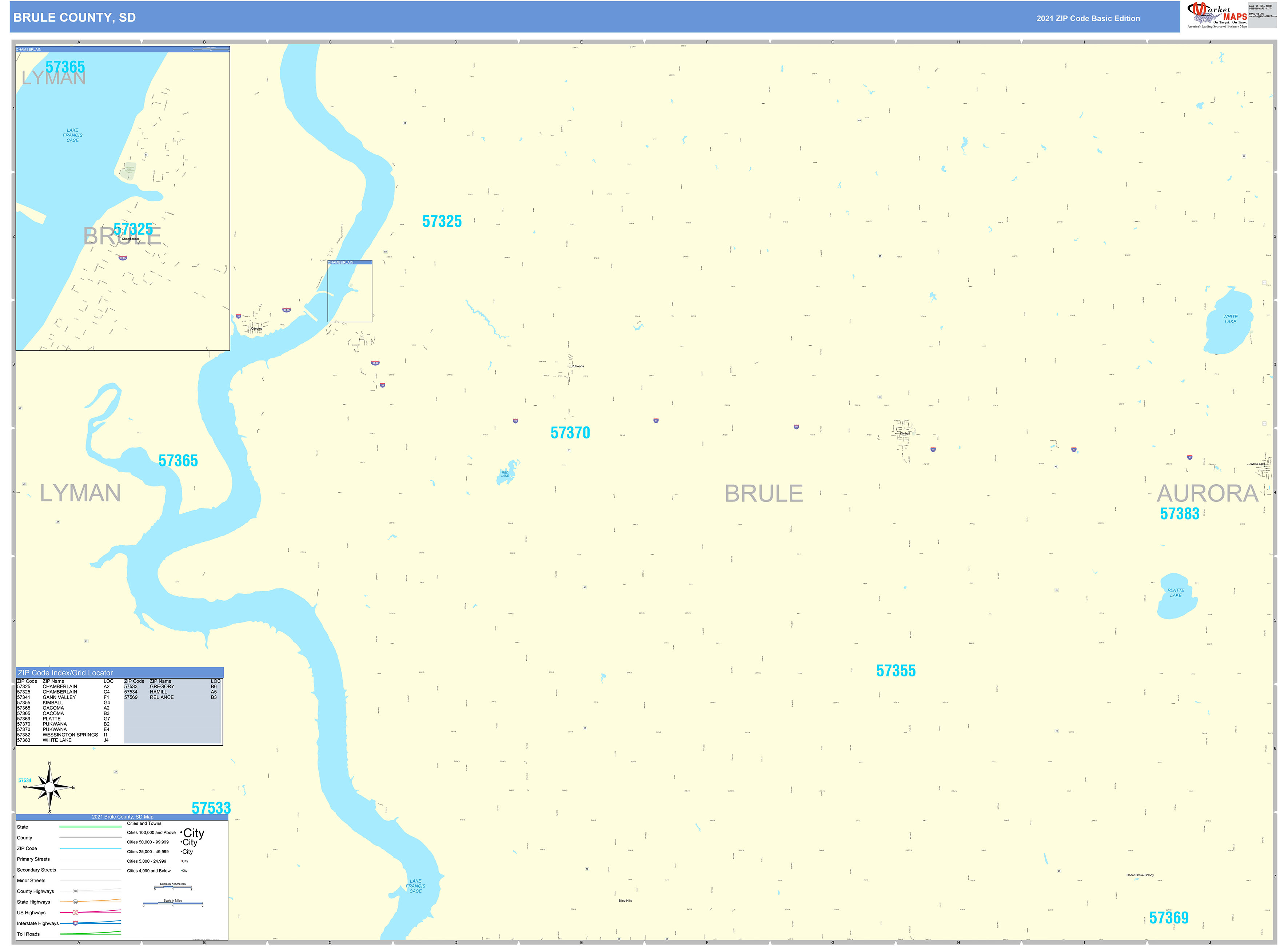 Brule County, SD Zip Code Wall Map Basic Style by MarketMAPS