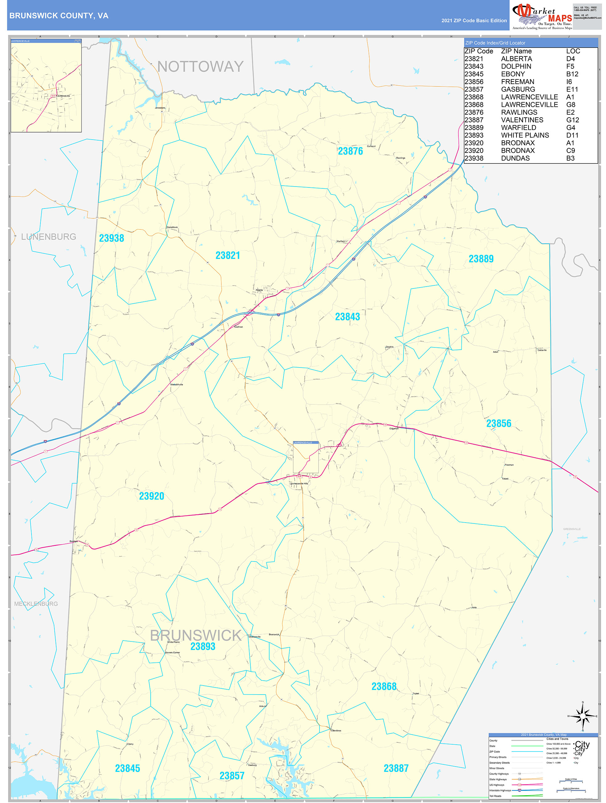 Brunswick County, VA Zip Code Wall Map Basic Style by MarketMAPS