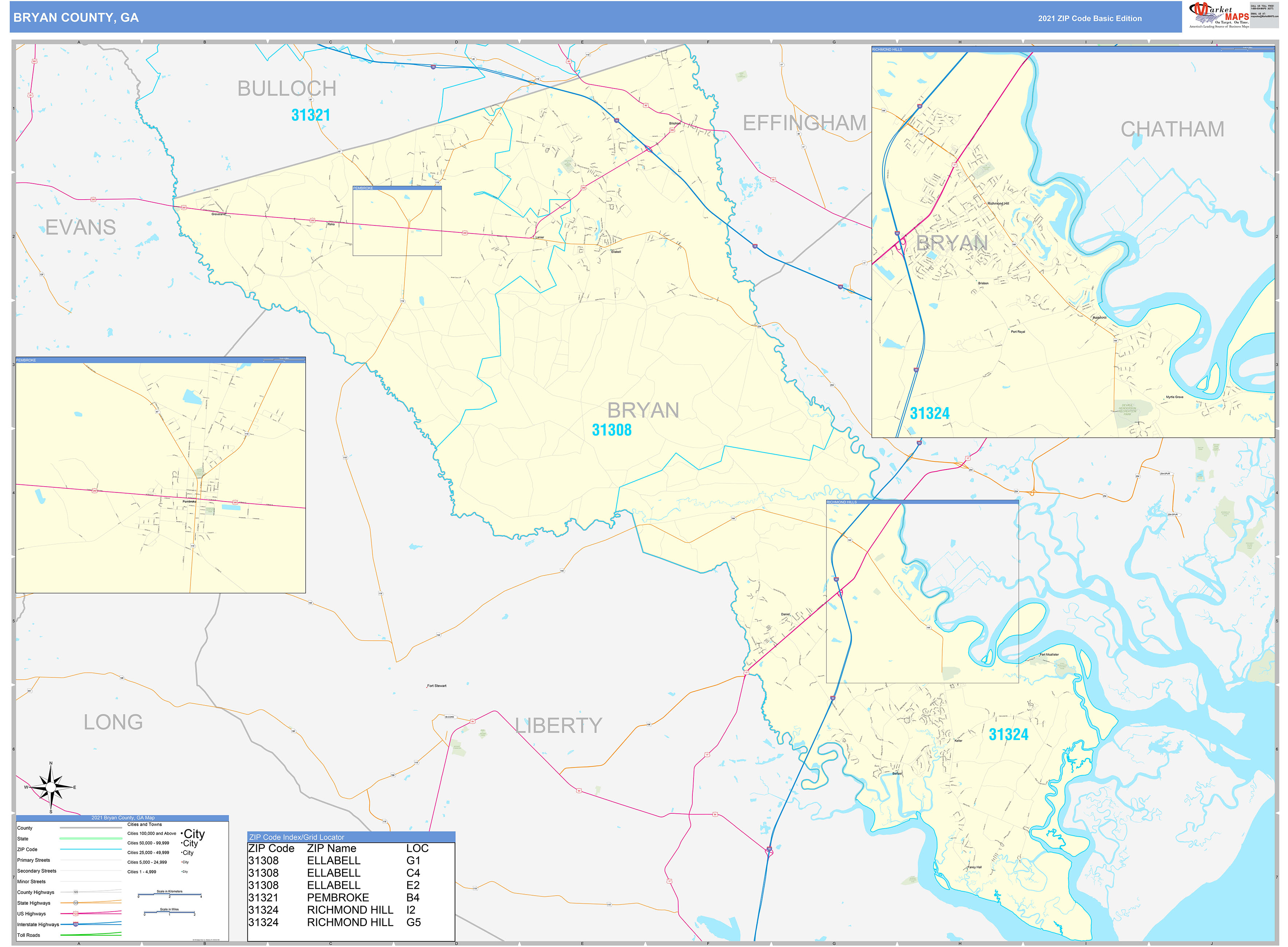 Bryan County, GA Zip Code Wall Map Basic Style by MarketMAPS