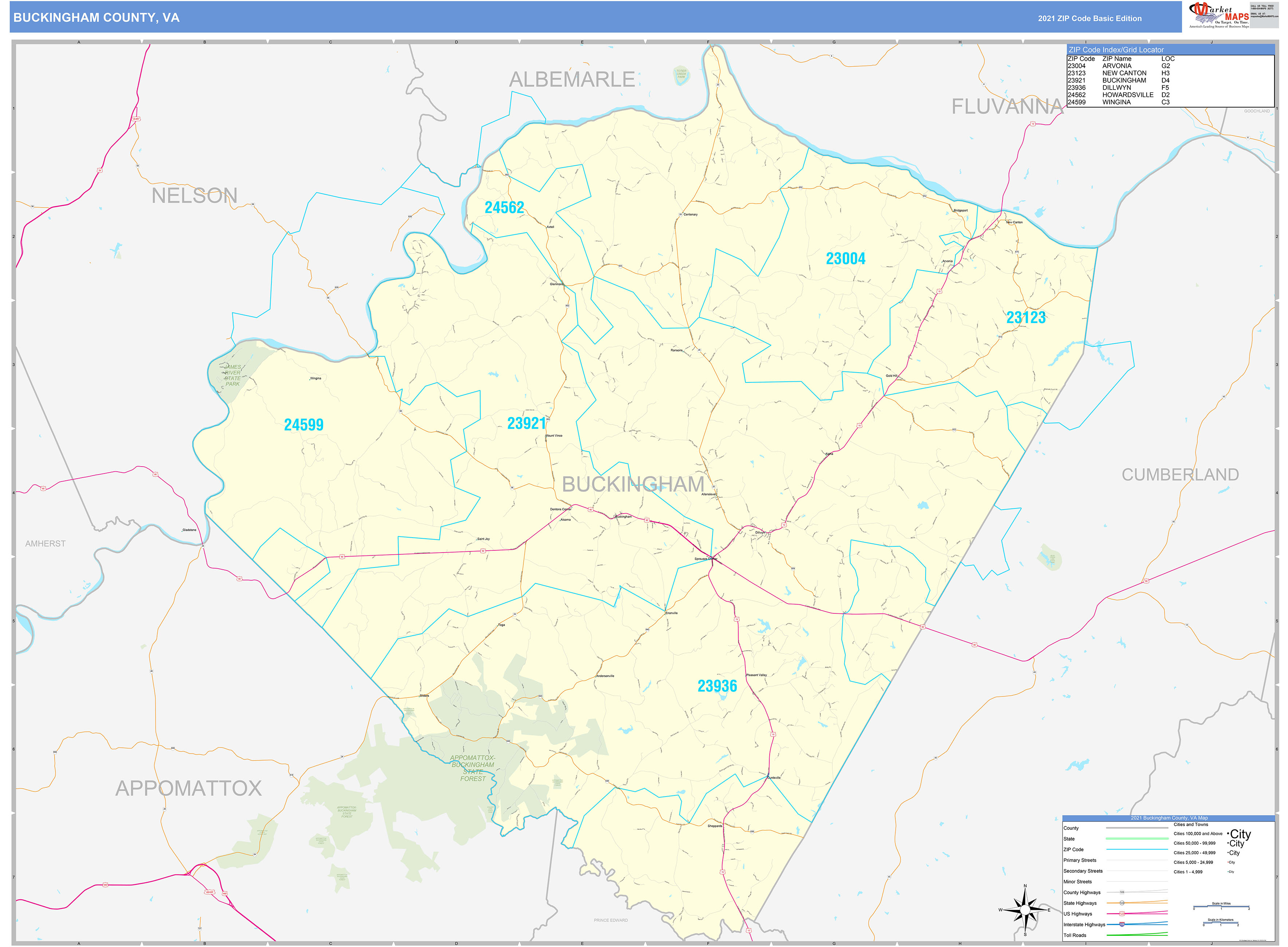 Buckingham County, VA Zip Code Wall Map Basic Style by MarketMAPS