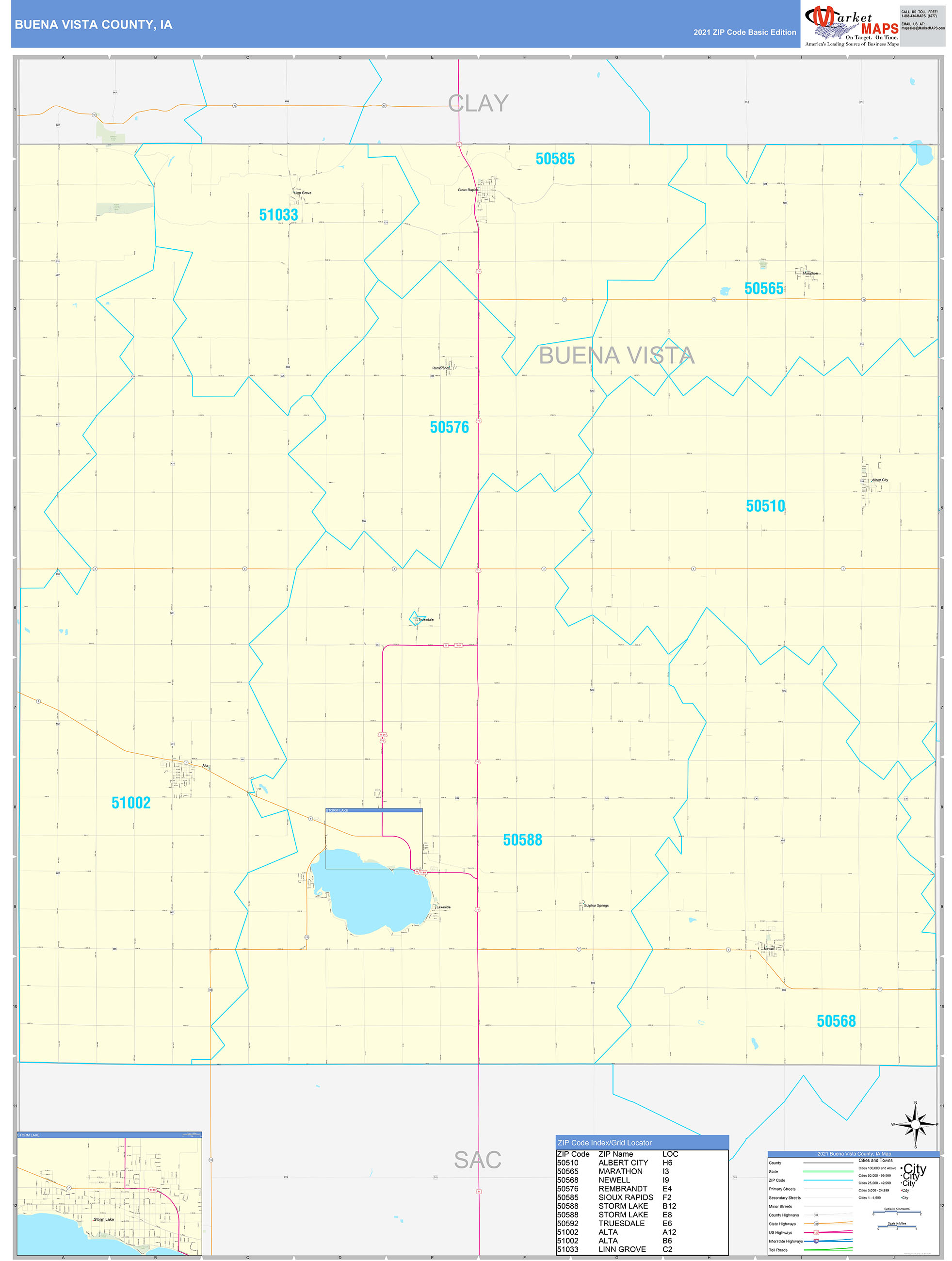 Buena Vista County, IA Zip Code Wall Map Basic Style by MarketMAPS