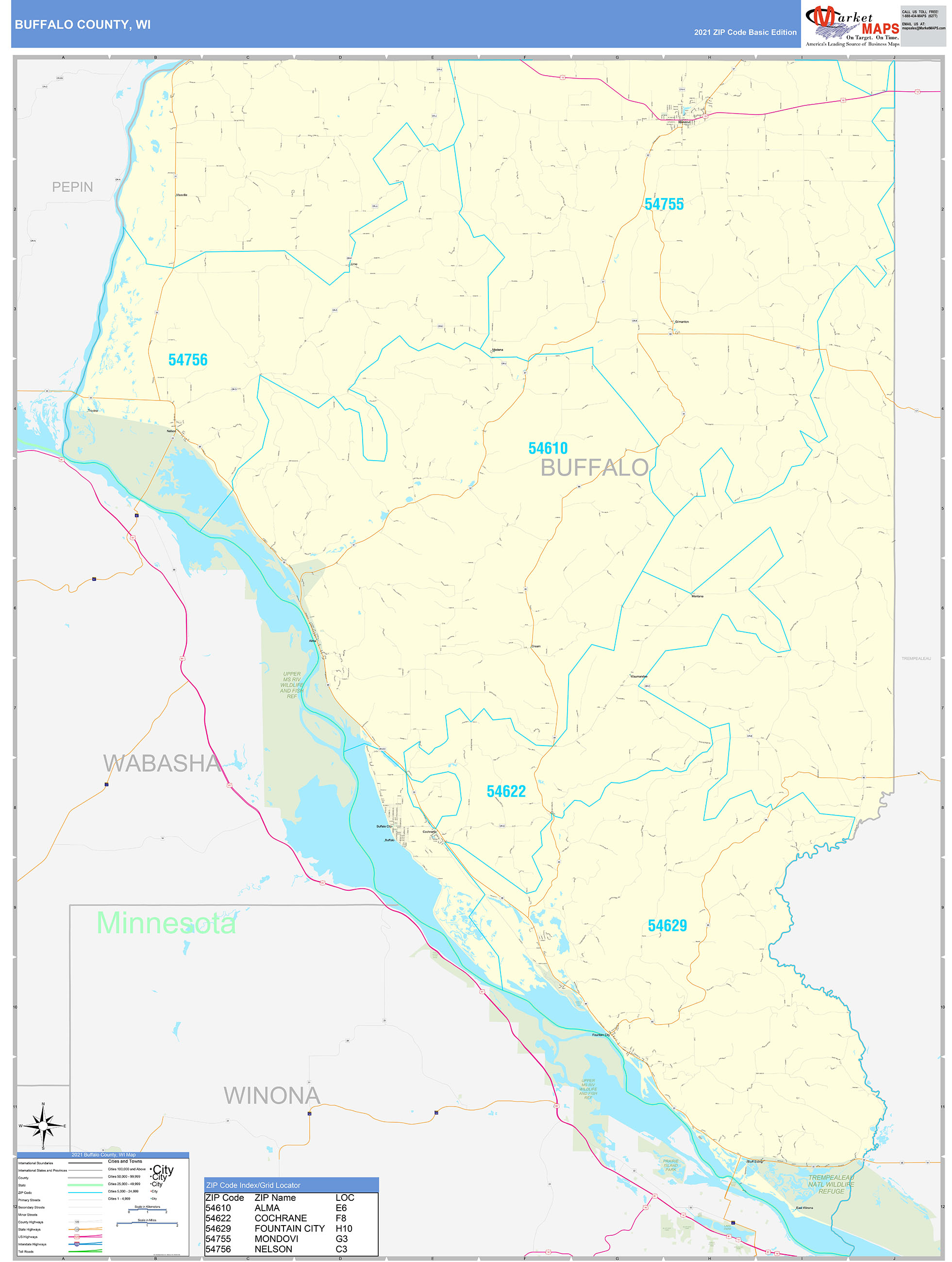 Buffalo County, WI Zip Code Wall Map Basic Style by MarketMAPS - MapSales