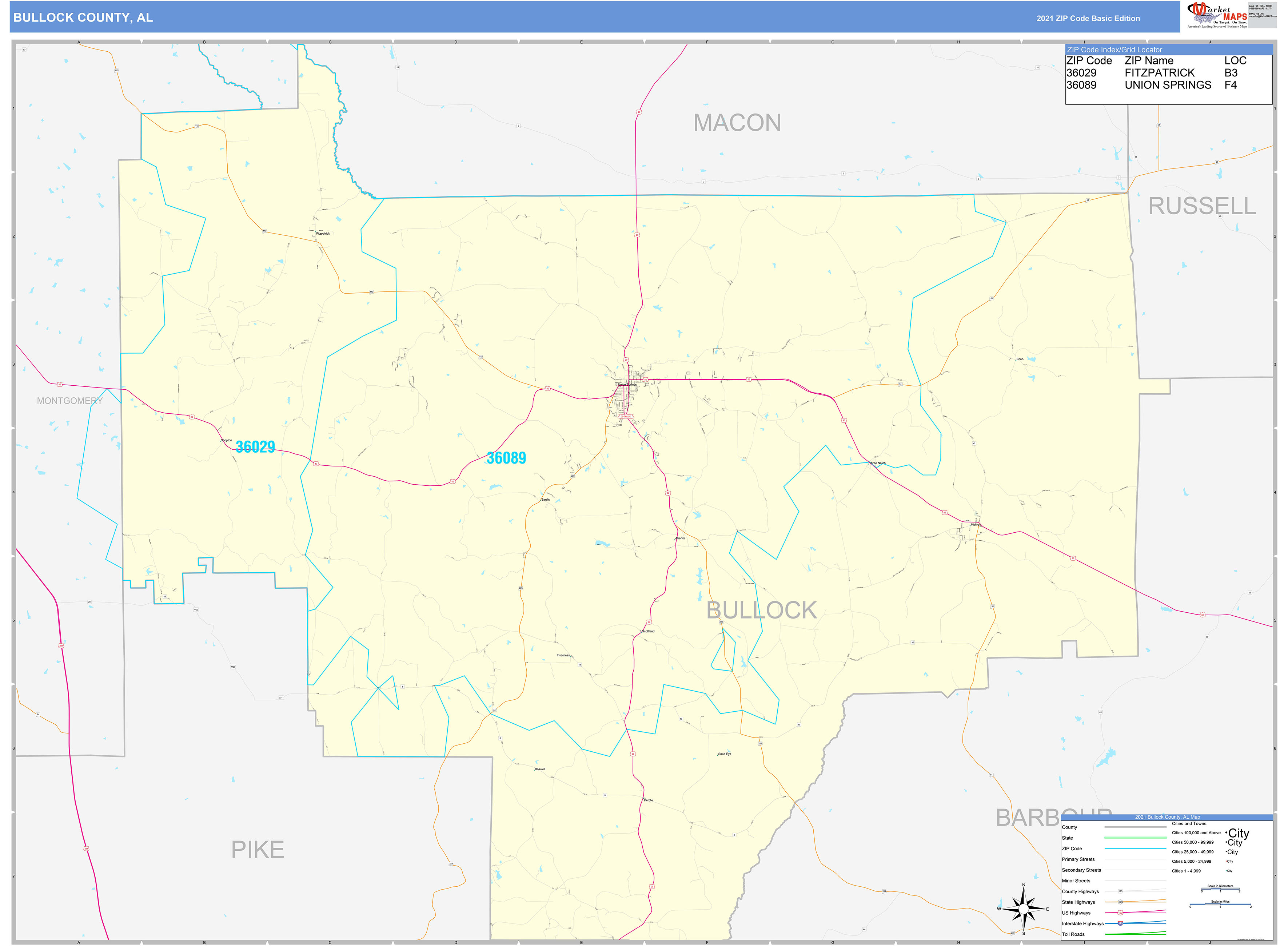 Bullock County, AL Zip Code Wall Map Basic Style by MarketMAPS