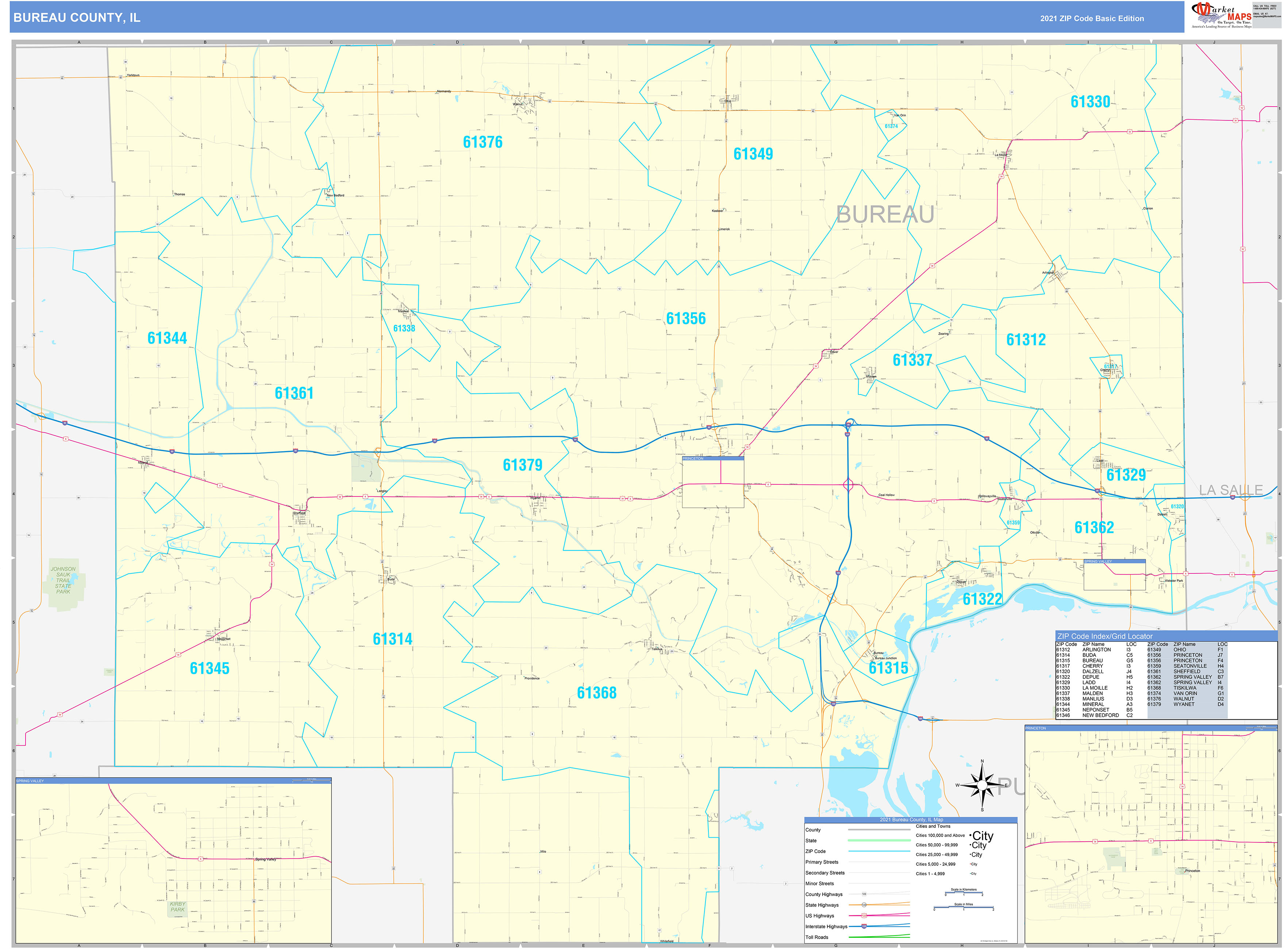 Bureau County, IL Zip Code Wall Map Basic Style by MarketMAPS