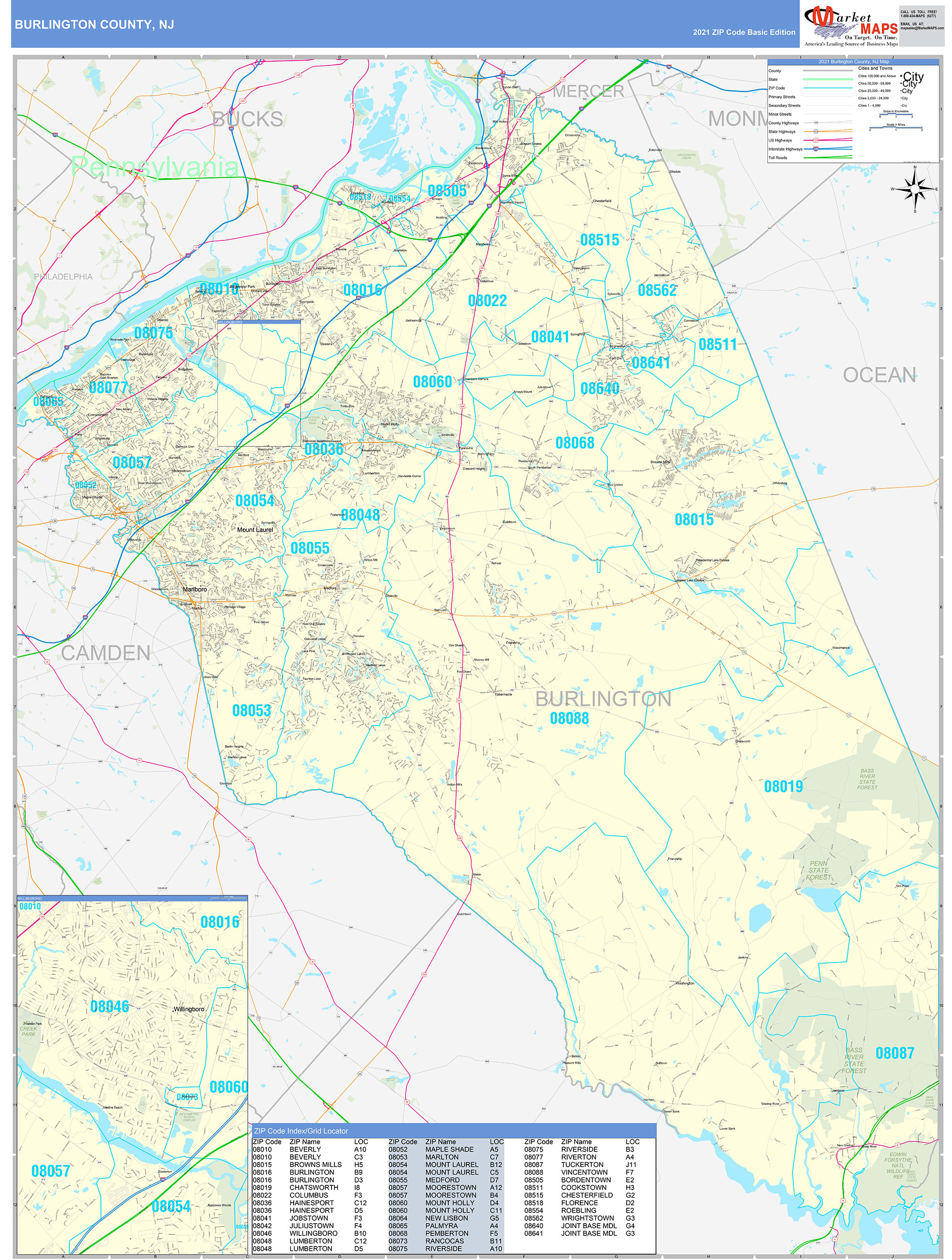 Burlington County, NJ Zip Code Wall Map Basic Style by MarketMAPS