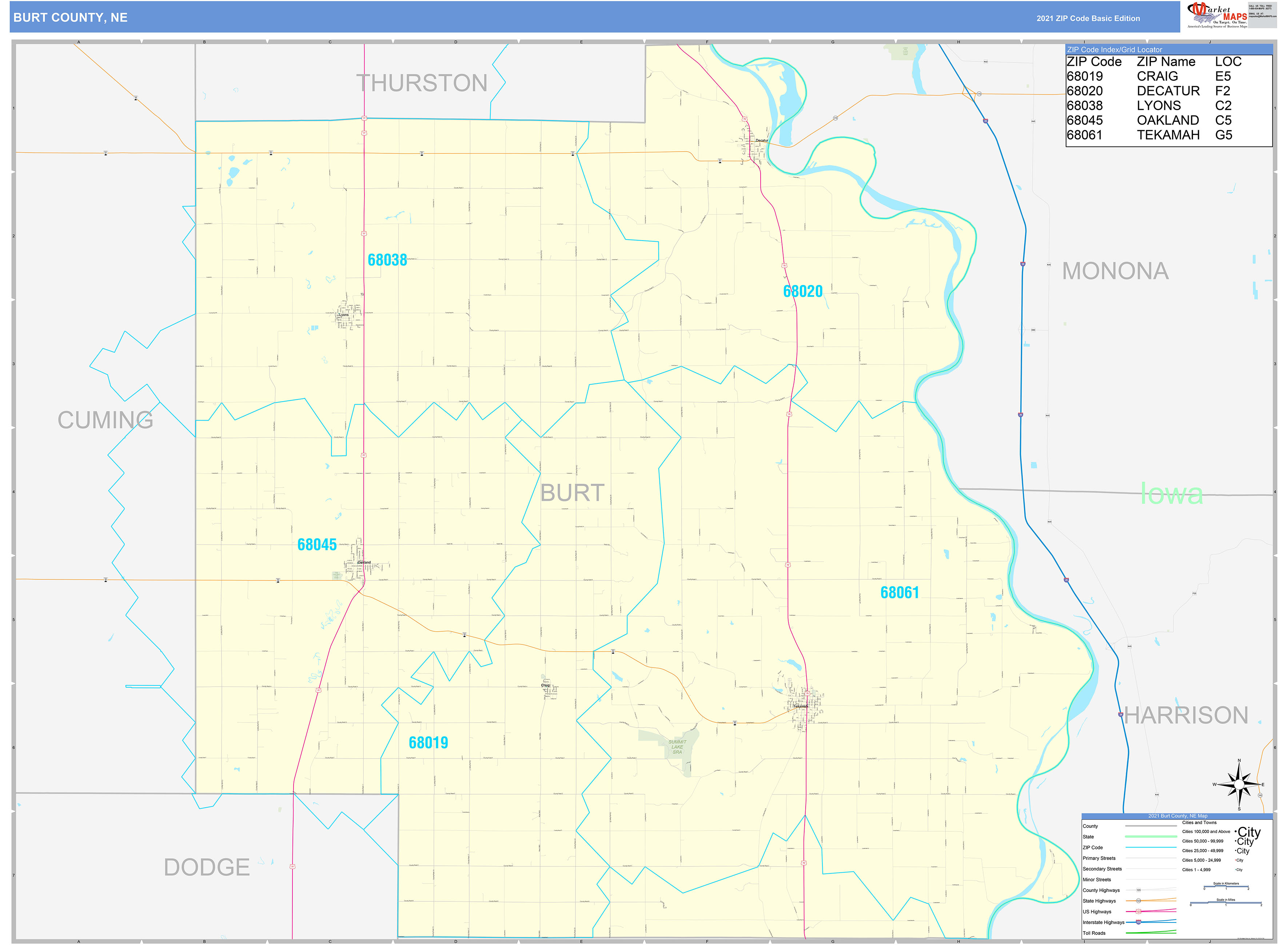 Burt County, NE Zip Code Wall Map Basic Style by MarketMAPS