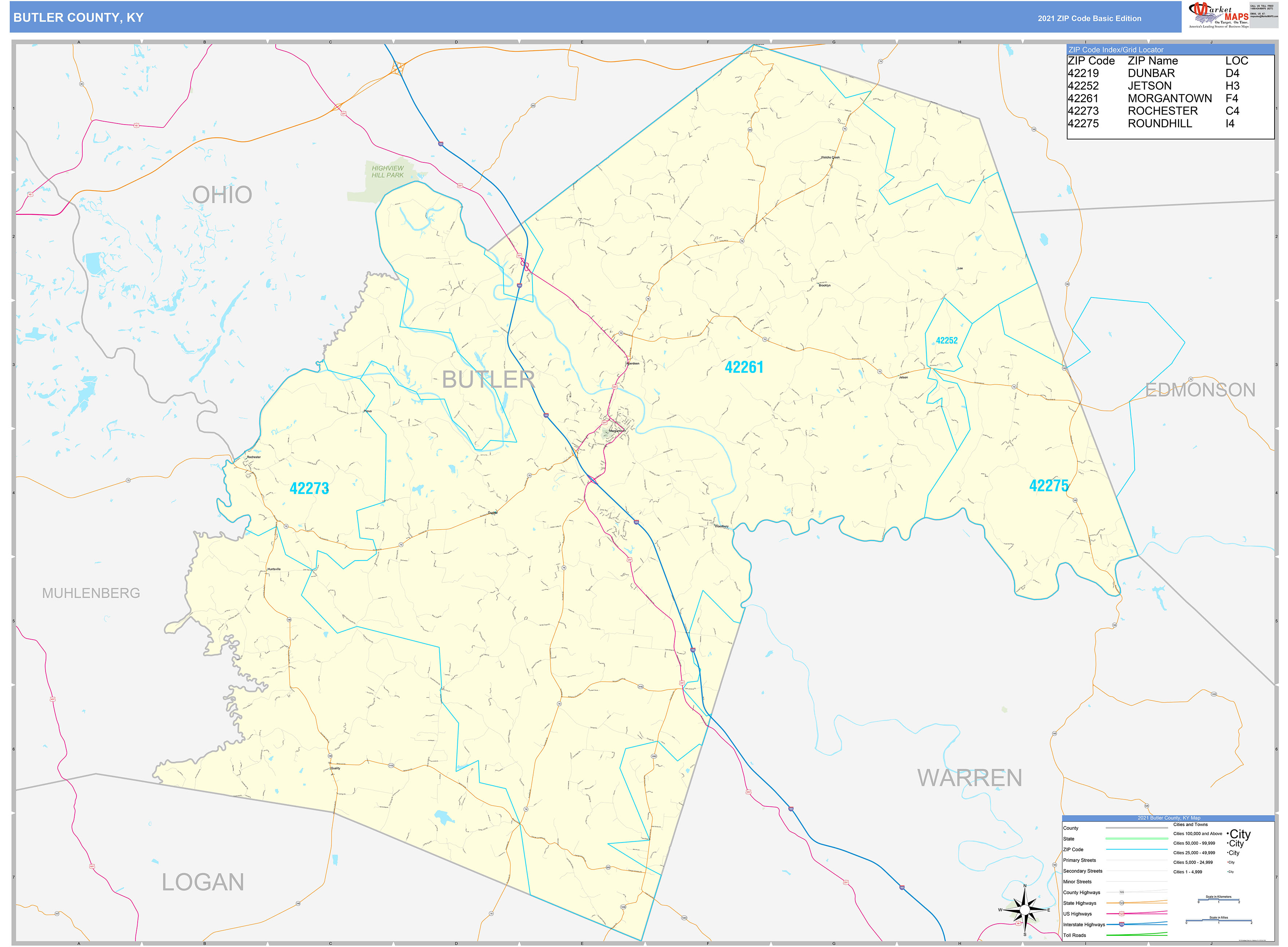 Butler County, KY Zip Code Wall Map Basic Style by MarketMAPS