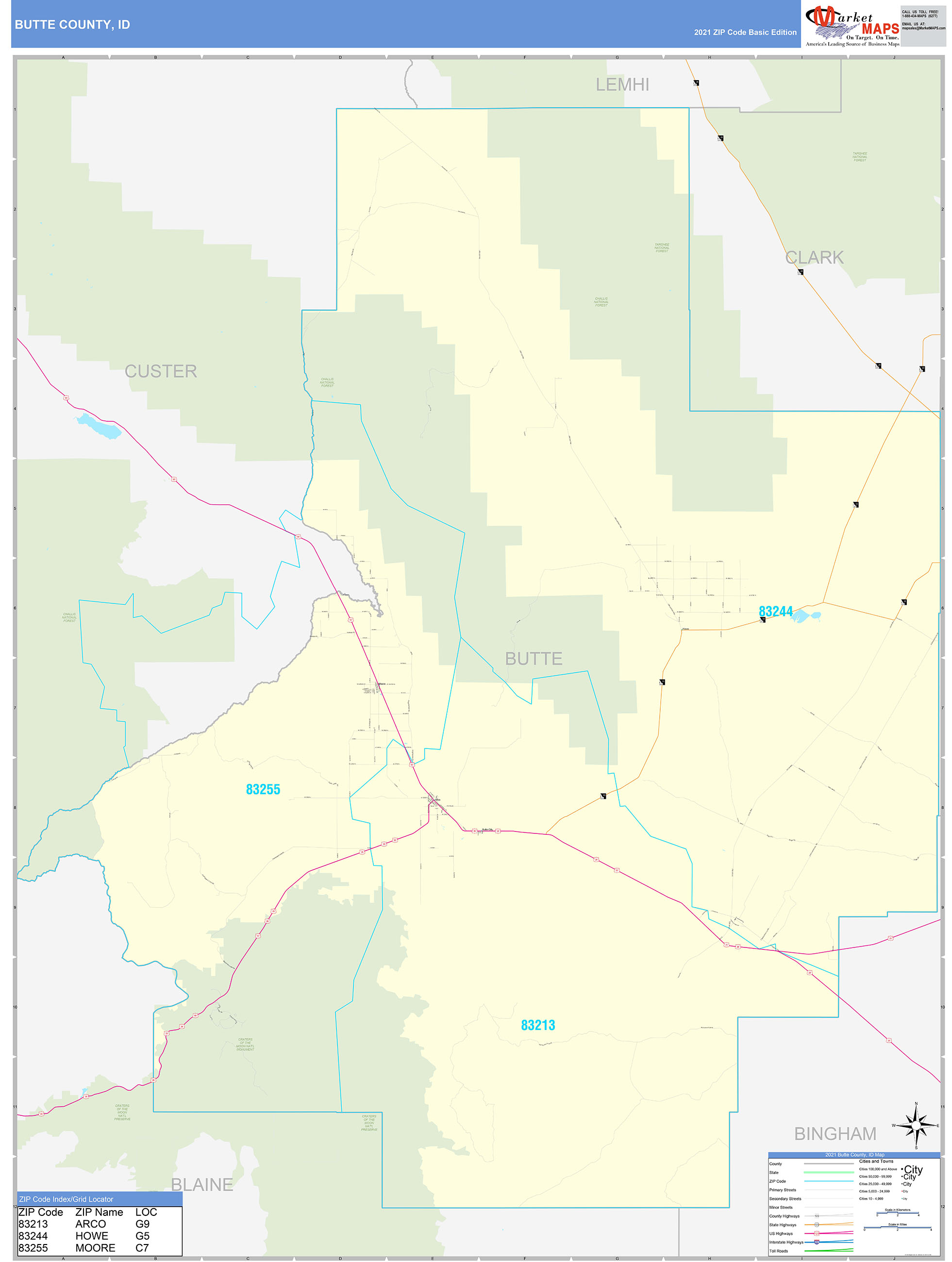 Butte County, ID Zip Code Wall Map Basic Style by MarketMAPS