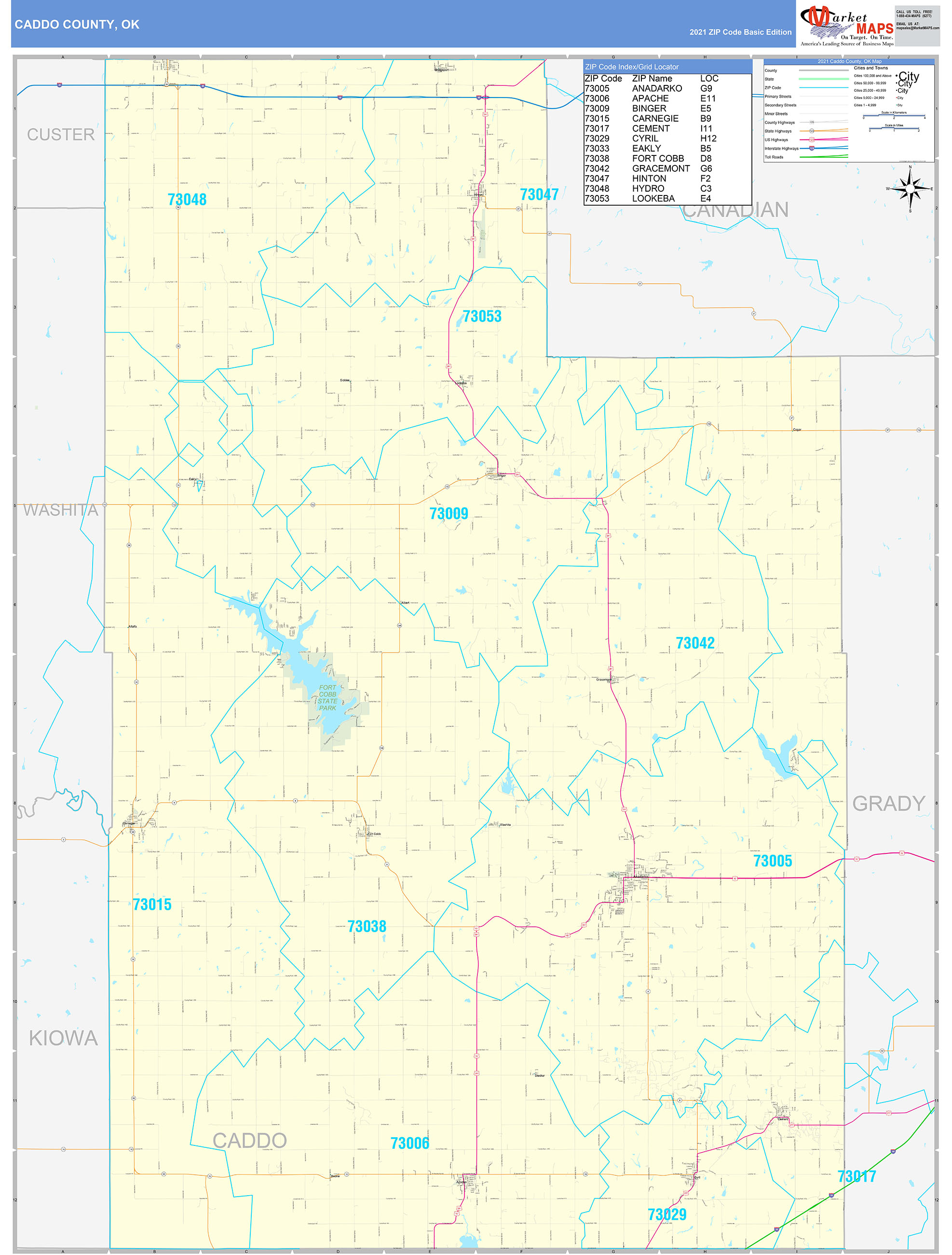 Caddo County, OK Zip Code Wall Map Basic Style by MarketMAPS MapSales