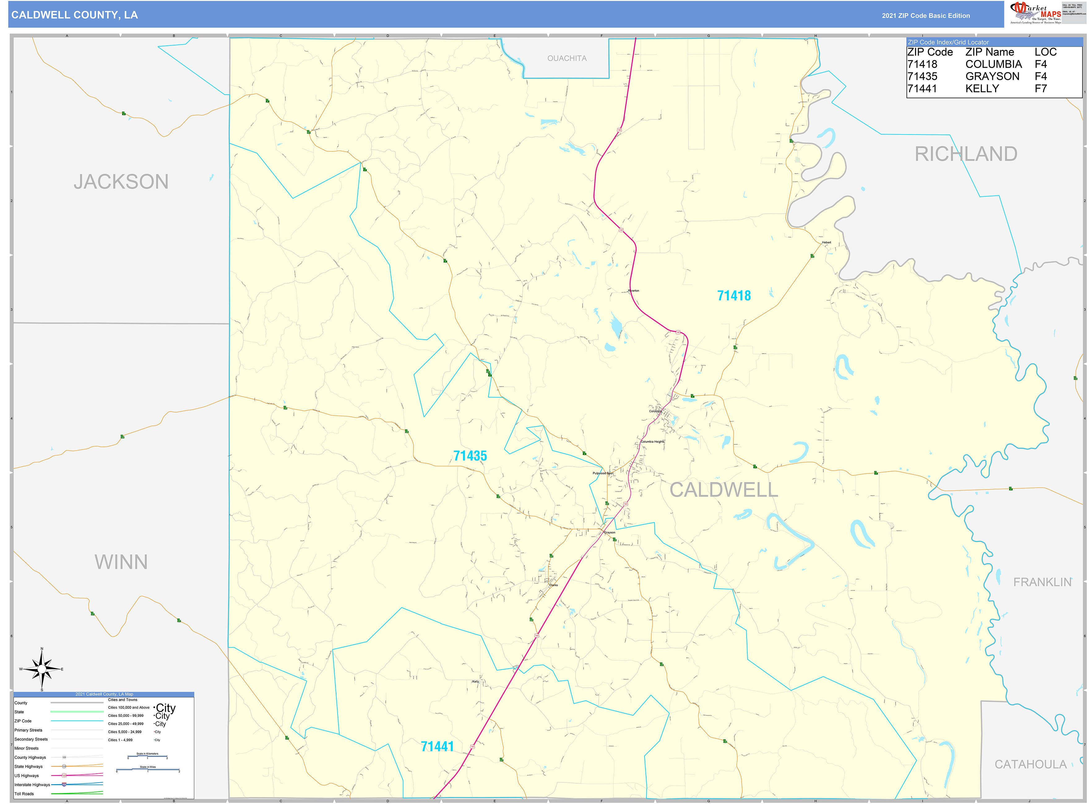 Caldwell County, LA Zip Code Wall Map Basic Style by MarketMAPS