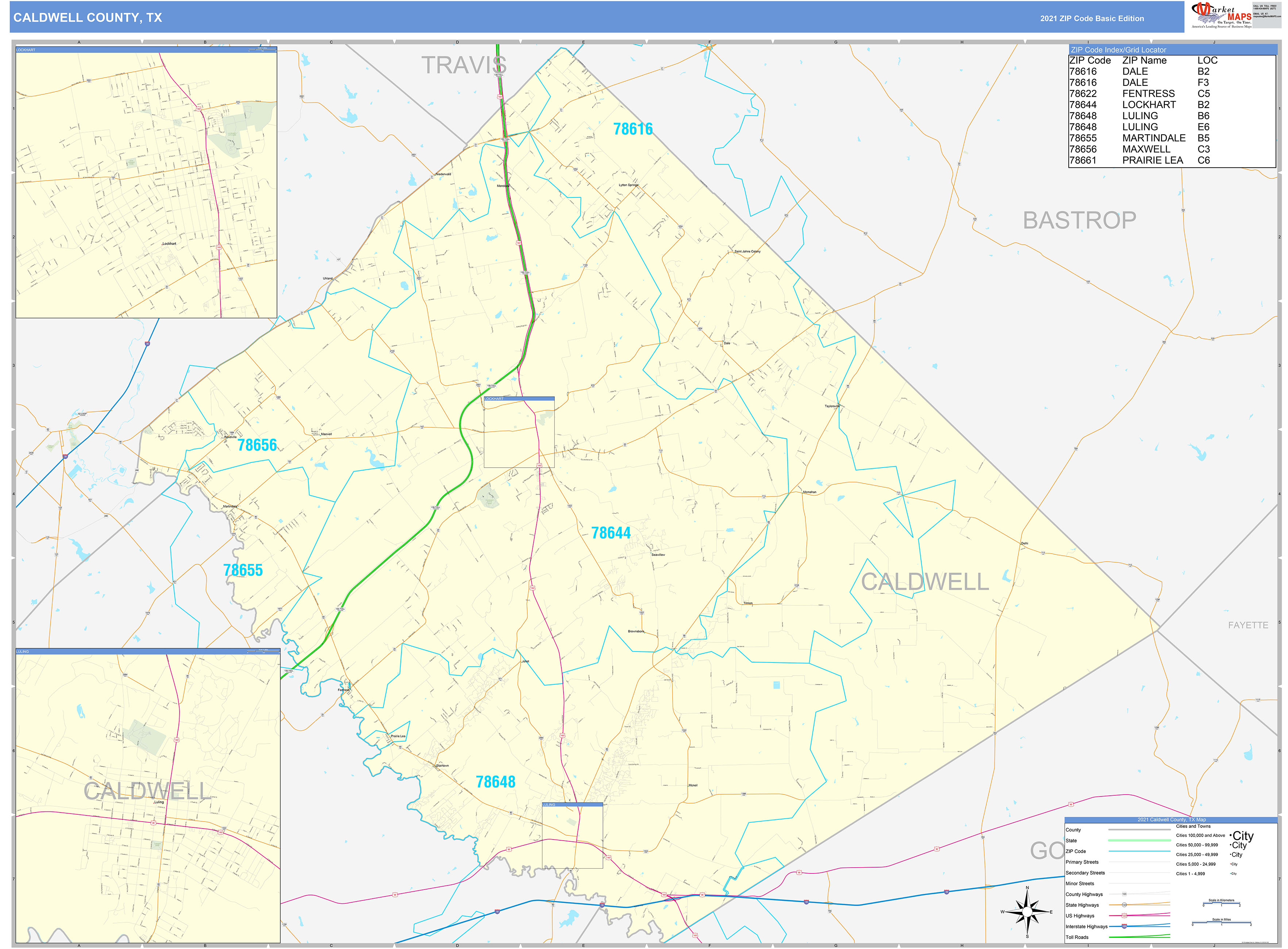 Caldwell County, TX Zip Code Wall Map Basic Style by MarketMAPS MapSales