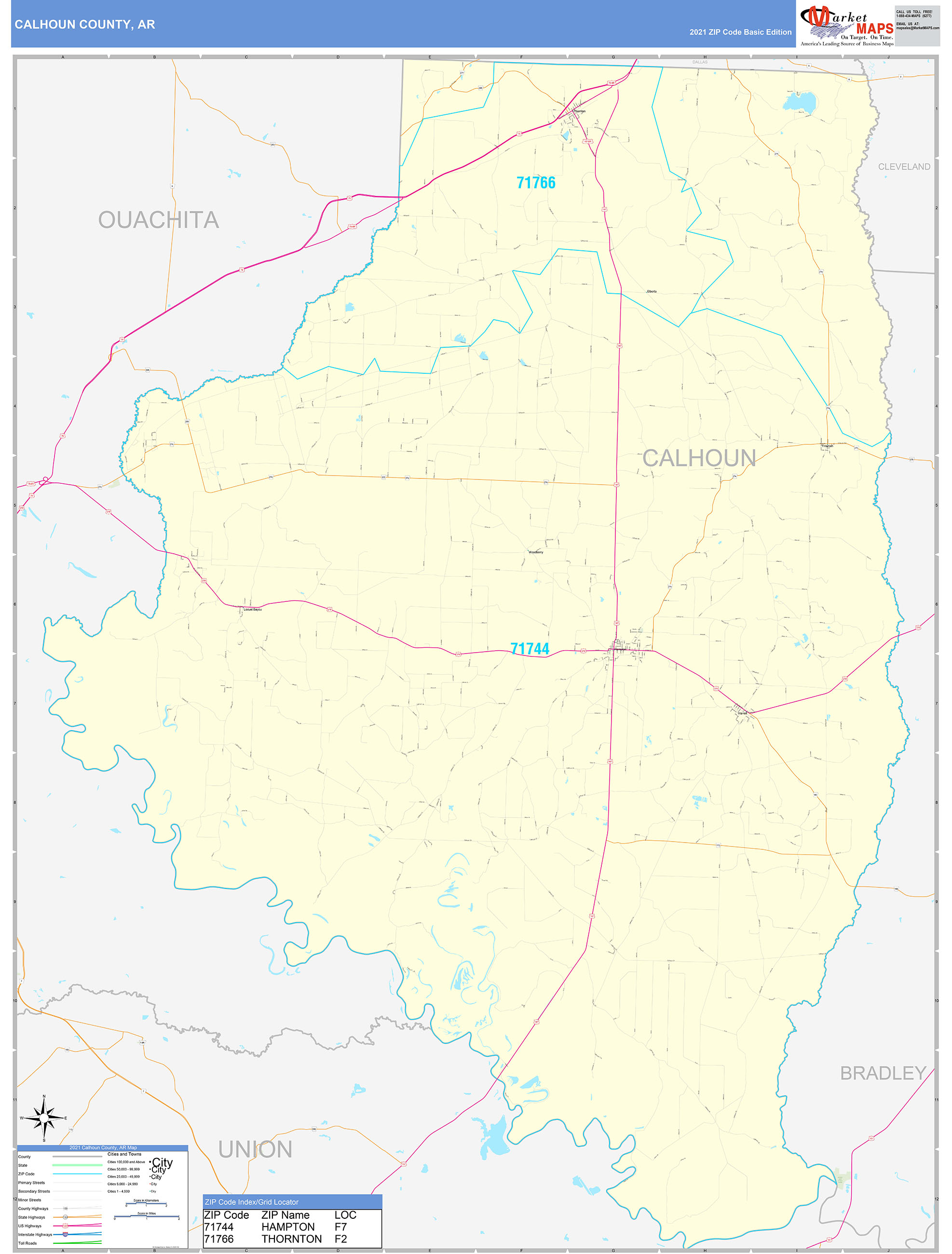 Calhoun County, AR Zip Code Wall Map Basic Style by MarketMAPS MapSales