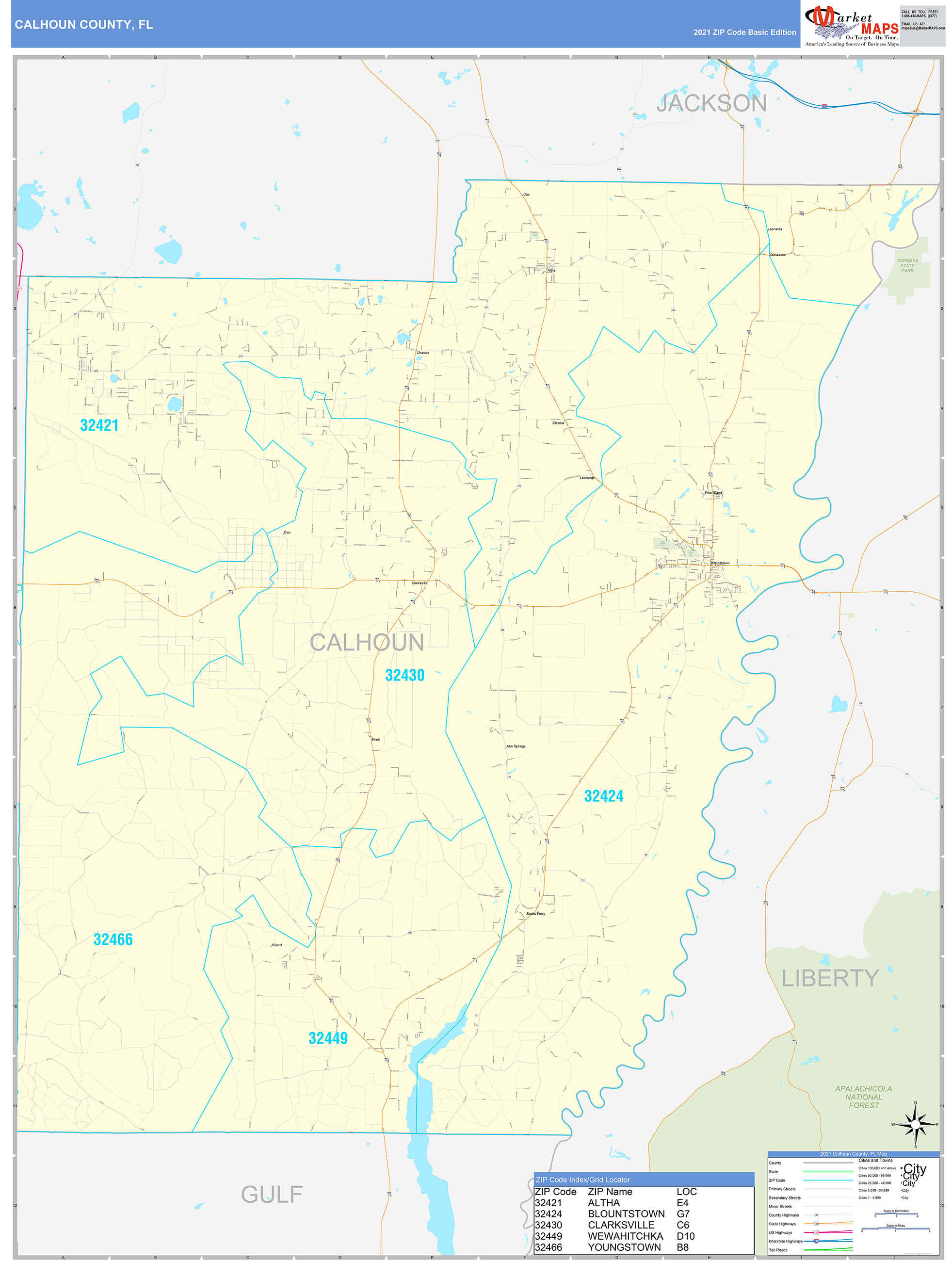 Calhoun County, FL Zip Code Wall Map Basic Style by MarketMAPS