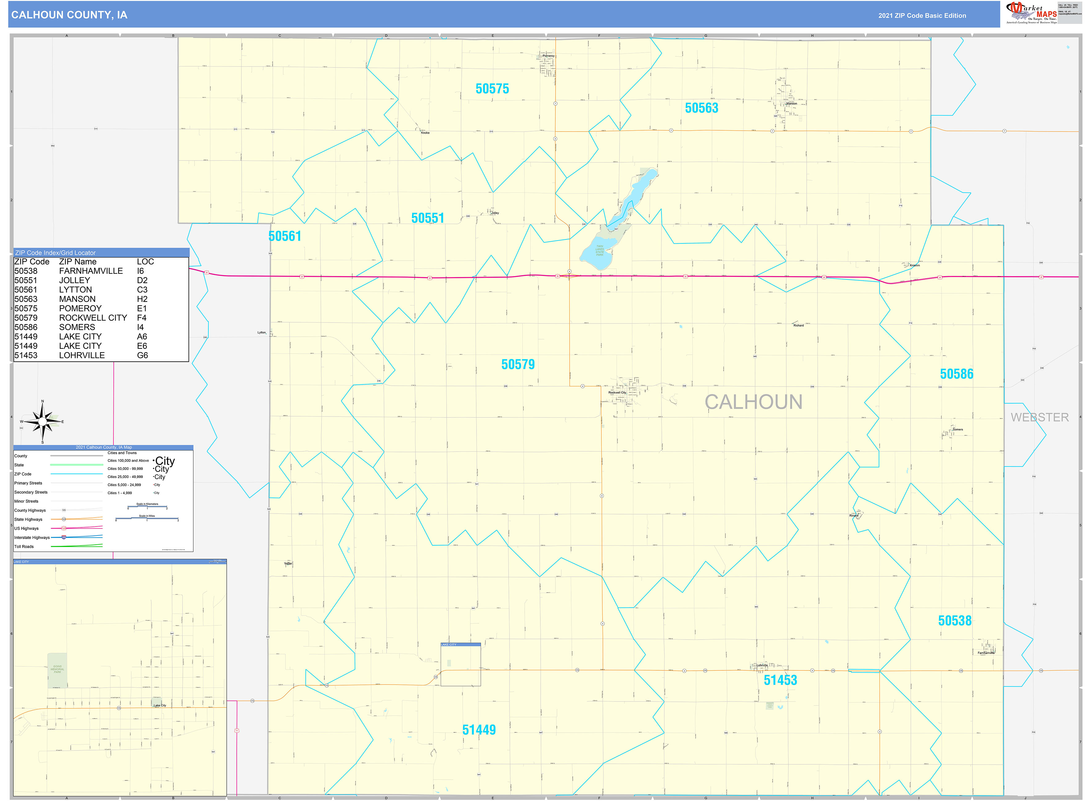 Calhoun County, IA Zip Code Wall Map Basic Style by MarketMAPS