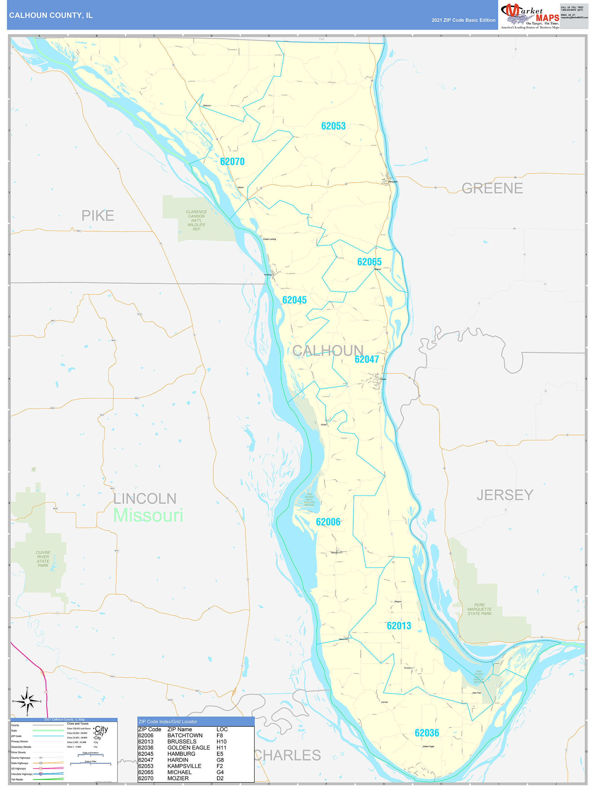 Calhoun County, IL Zip Code Wall Map Basic Style by MarketMAPS MapSales
