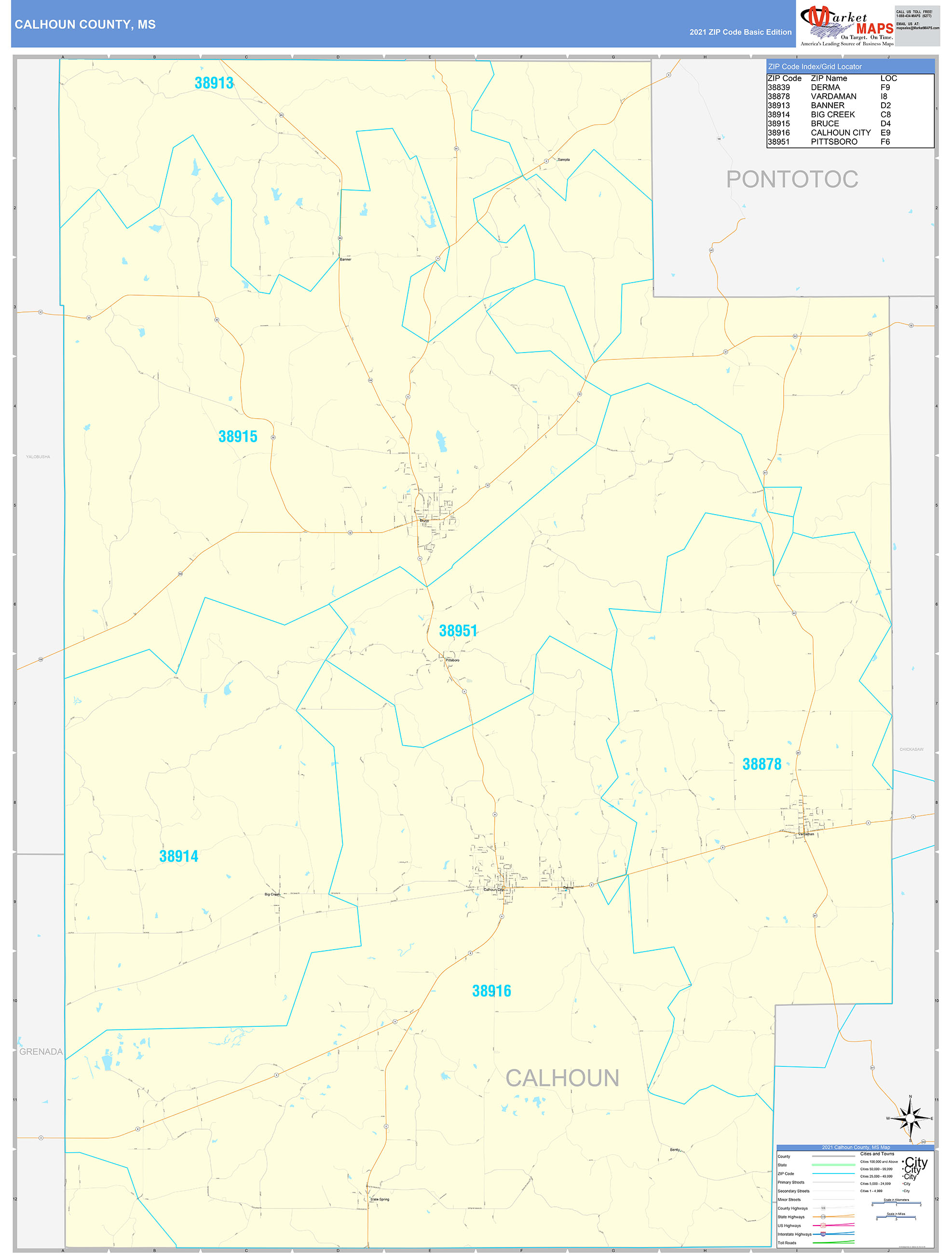 Calhoun County, MS Zip Code Wall Map Basic Style by MarketMAPS