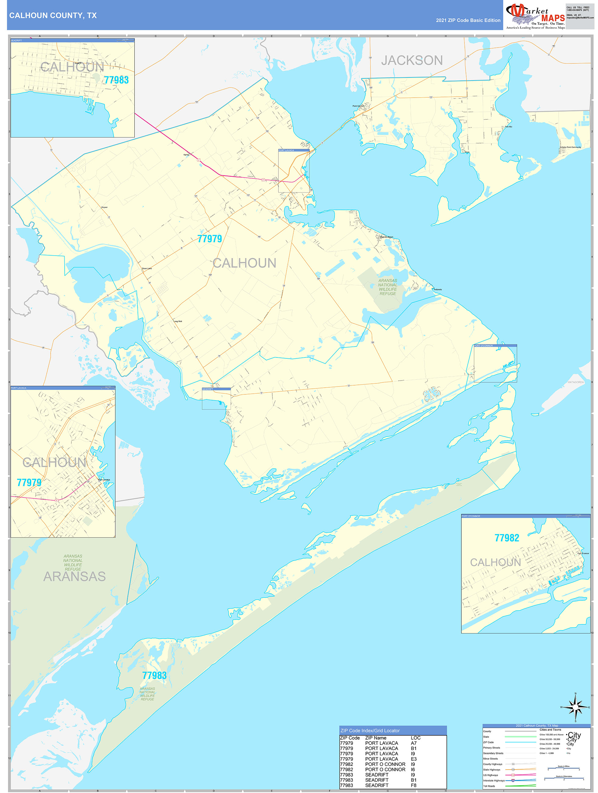 Calhoun County, TX Zip Code Wall Map Basic Style by MarketMAPS MapSales