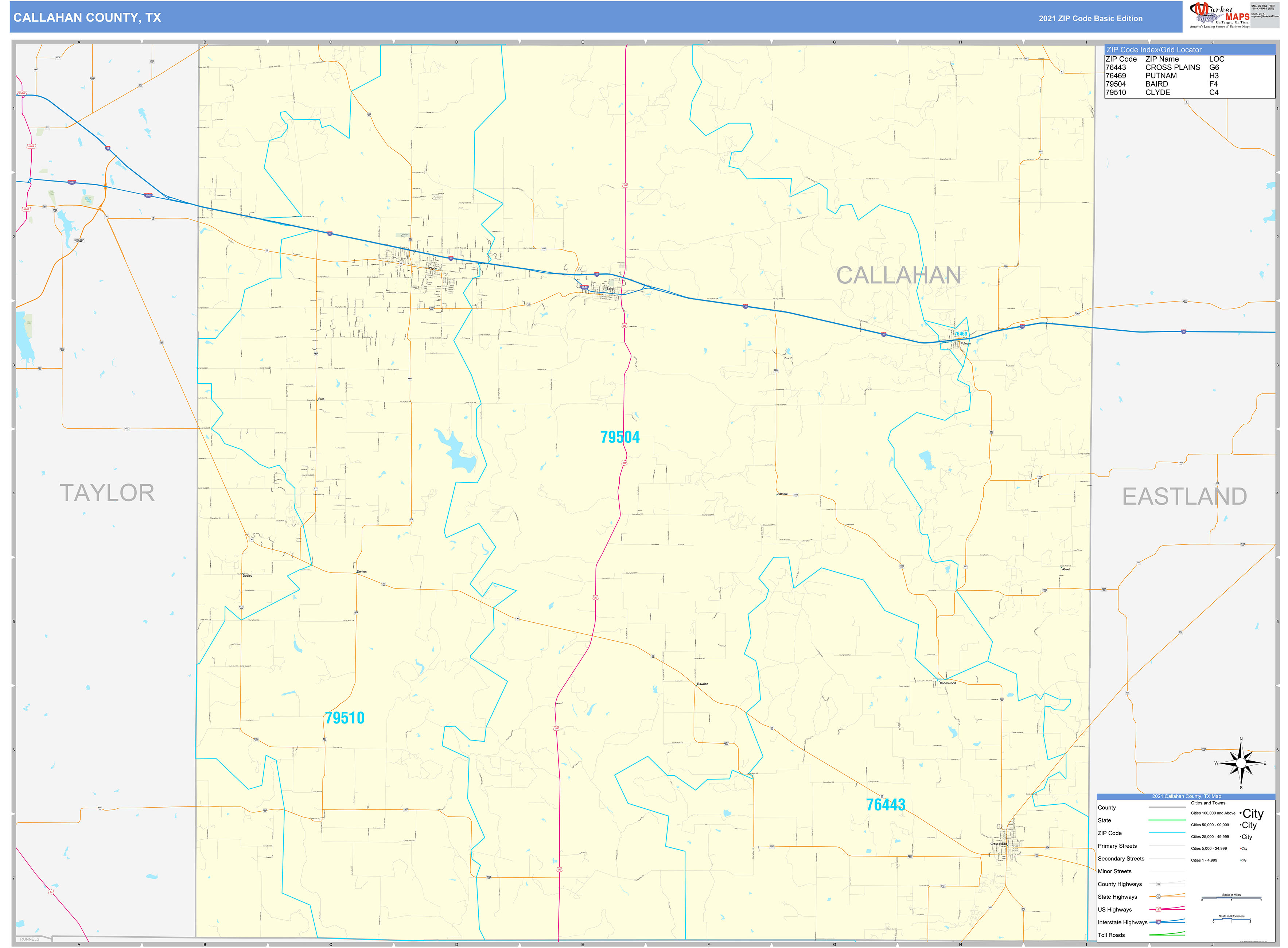 Callahan County, TX Zip Code Wall Map Basic Style by MarketMAPS MapSales