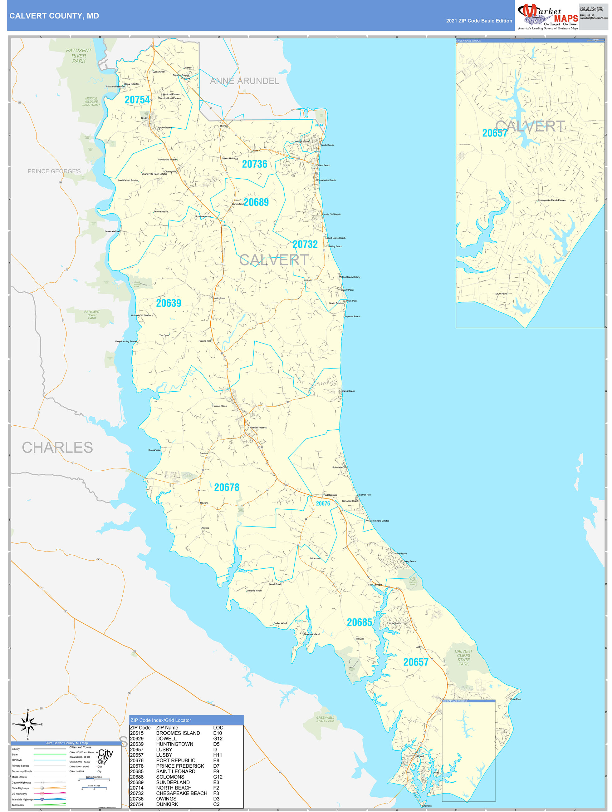 Calvert County, MD Zip Code Wall Map Basic Style by MarketMAPS