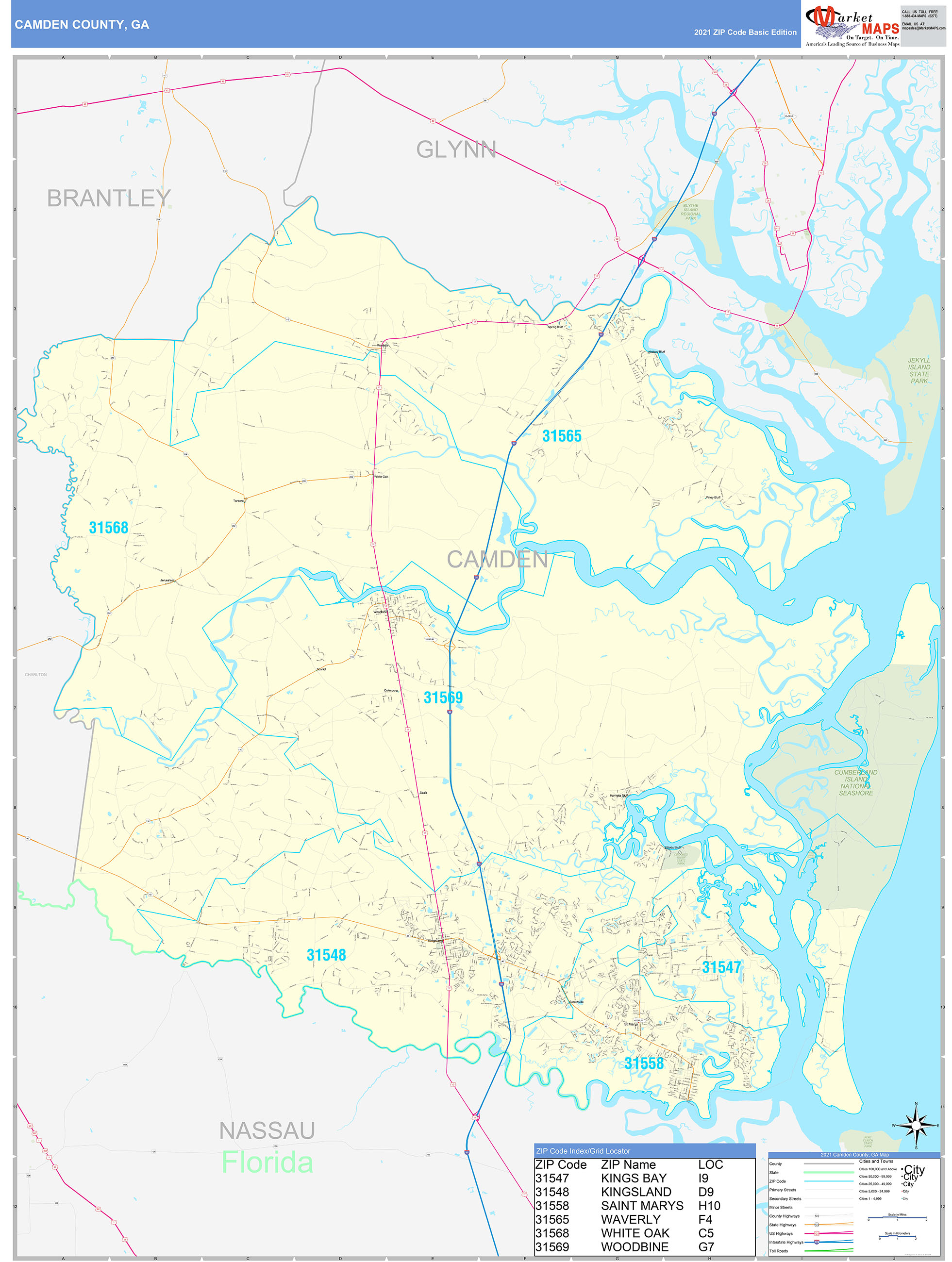 Camden County, GA Zip Code Wall Map Basic Style by MarketMAPS MapSales