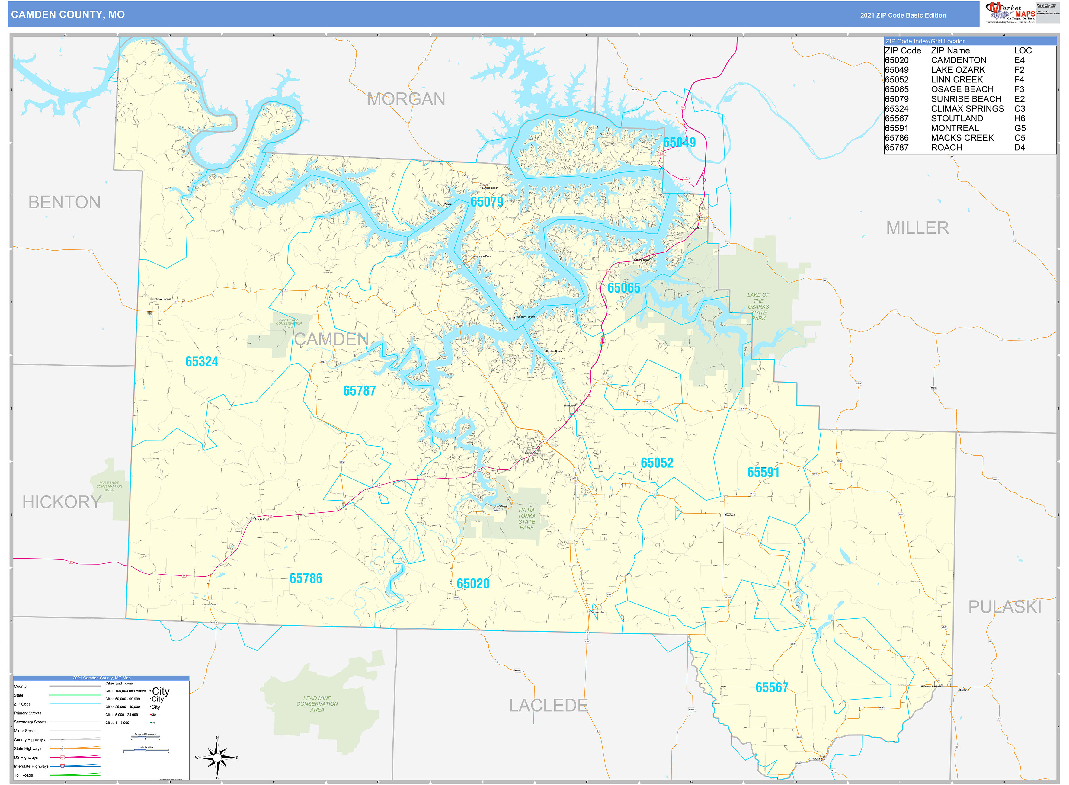 Camden County, MO Zip Code Wall Map Basic Style by MarketMAPS MapSales