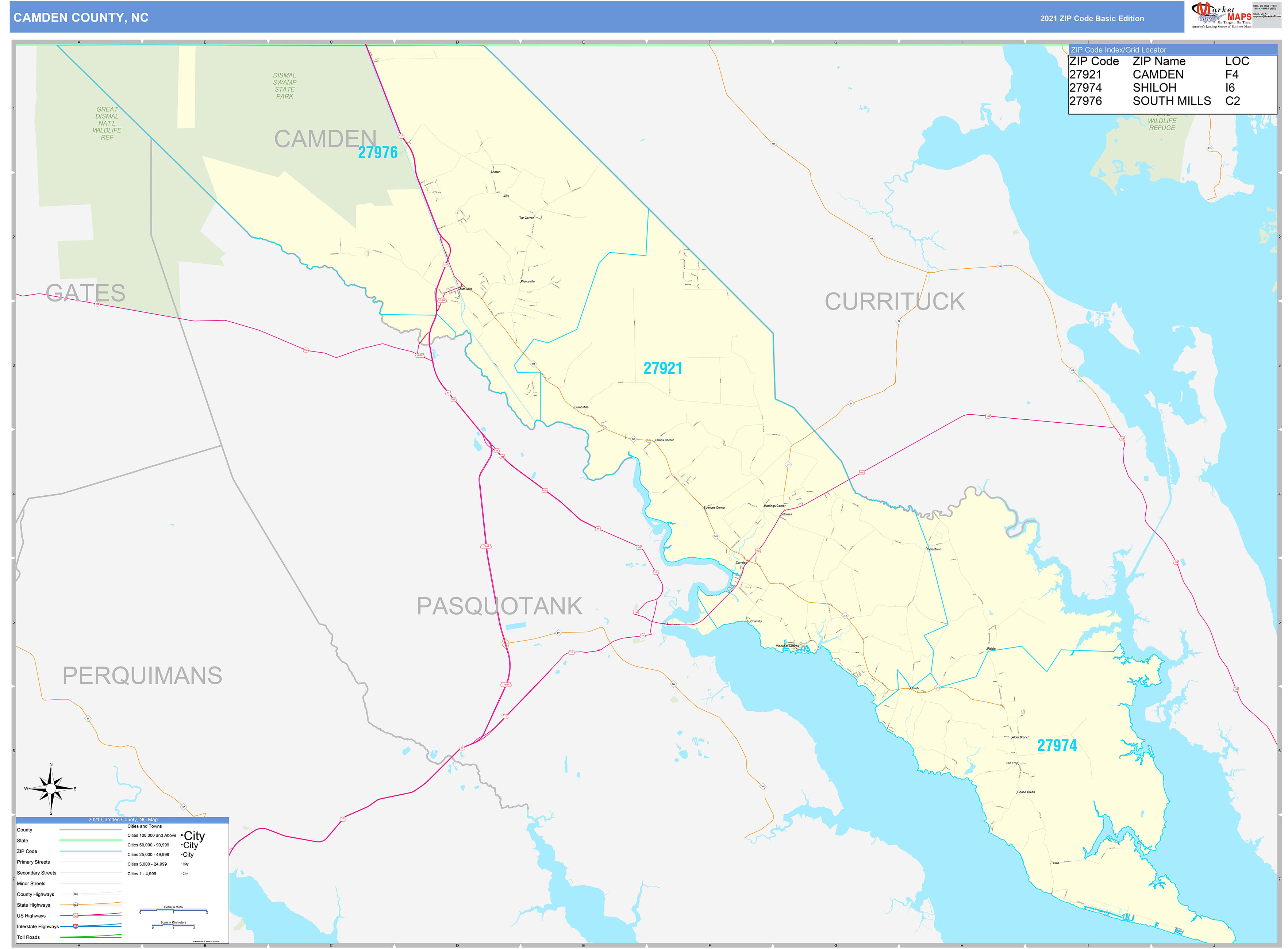 Camden County, NC Zip Code Wall Map Basic Style by MarketMAPS