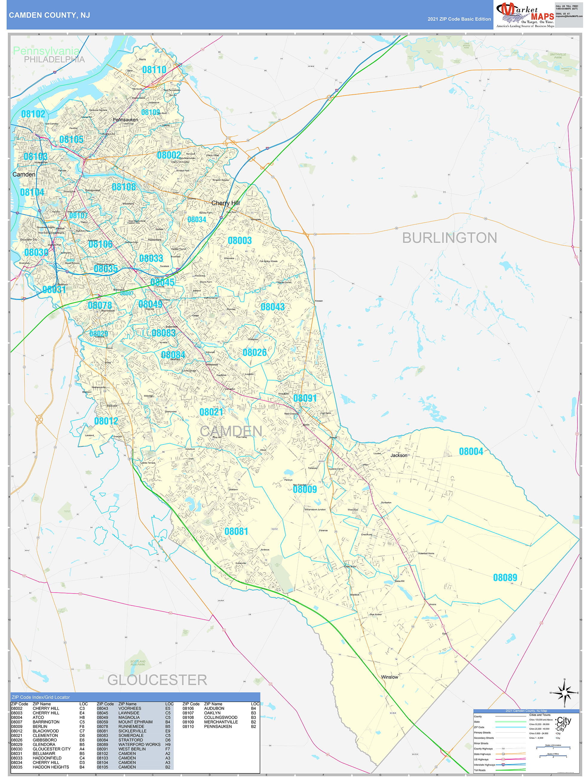 Camden County, NJ Zip Code Wall Map Basic Style by MarketMAPS MapSales