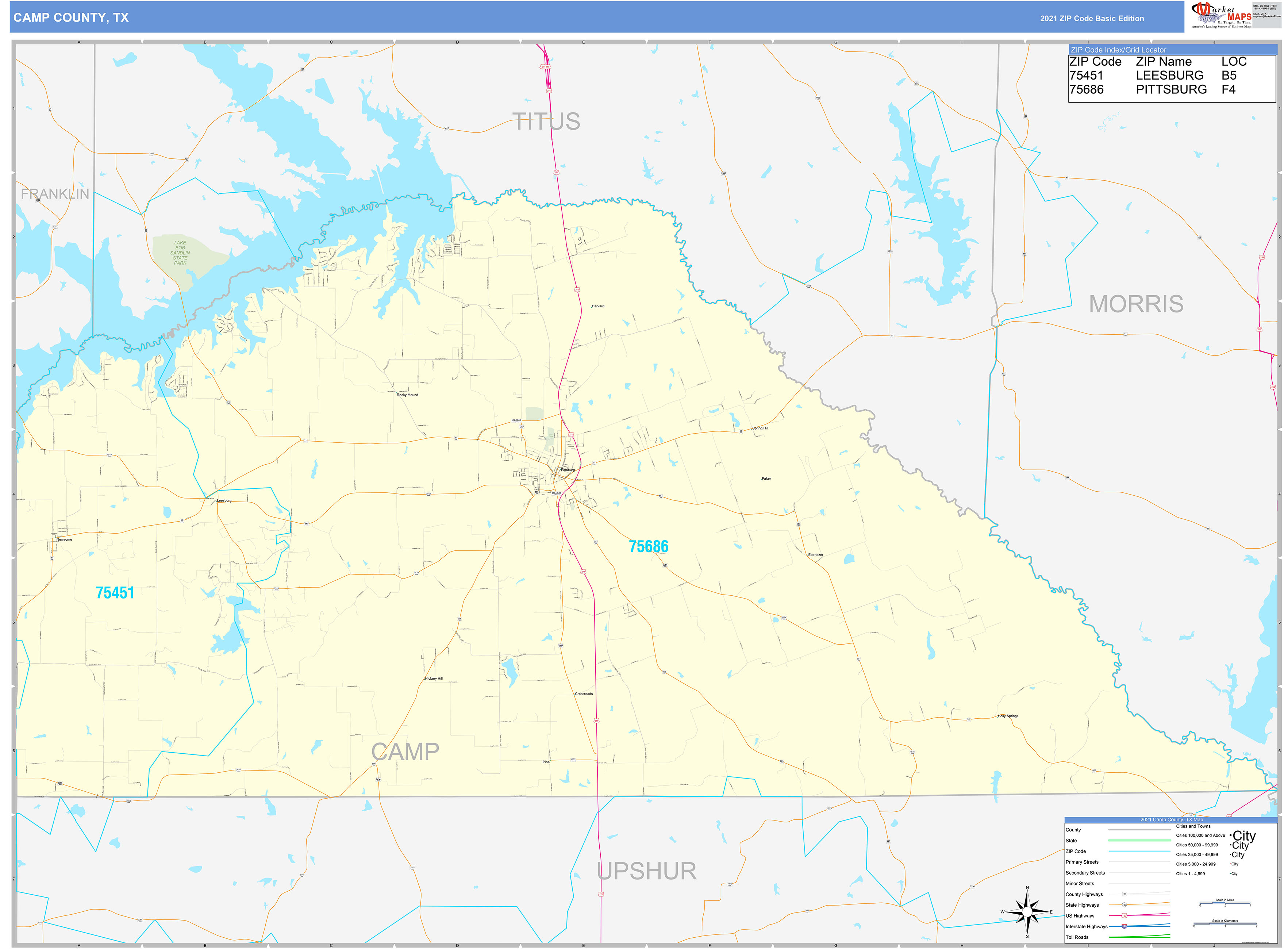 Camp County, TX Zip Code Wall Map Basic Style by MarketMAPS MapSales