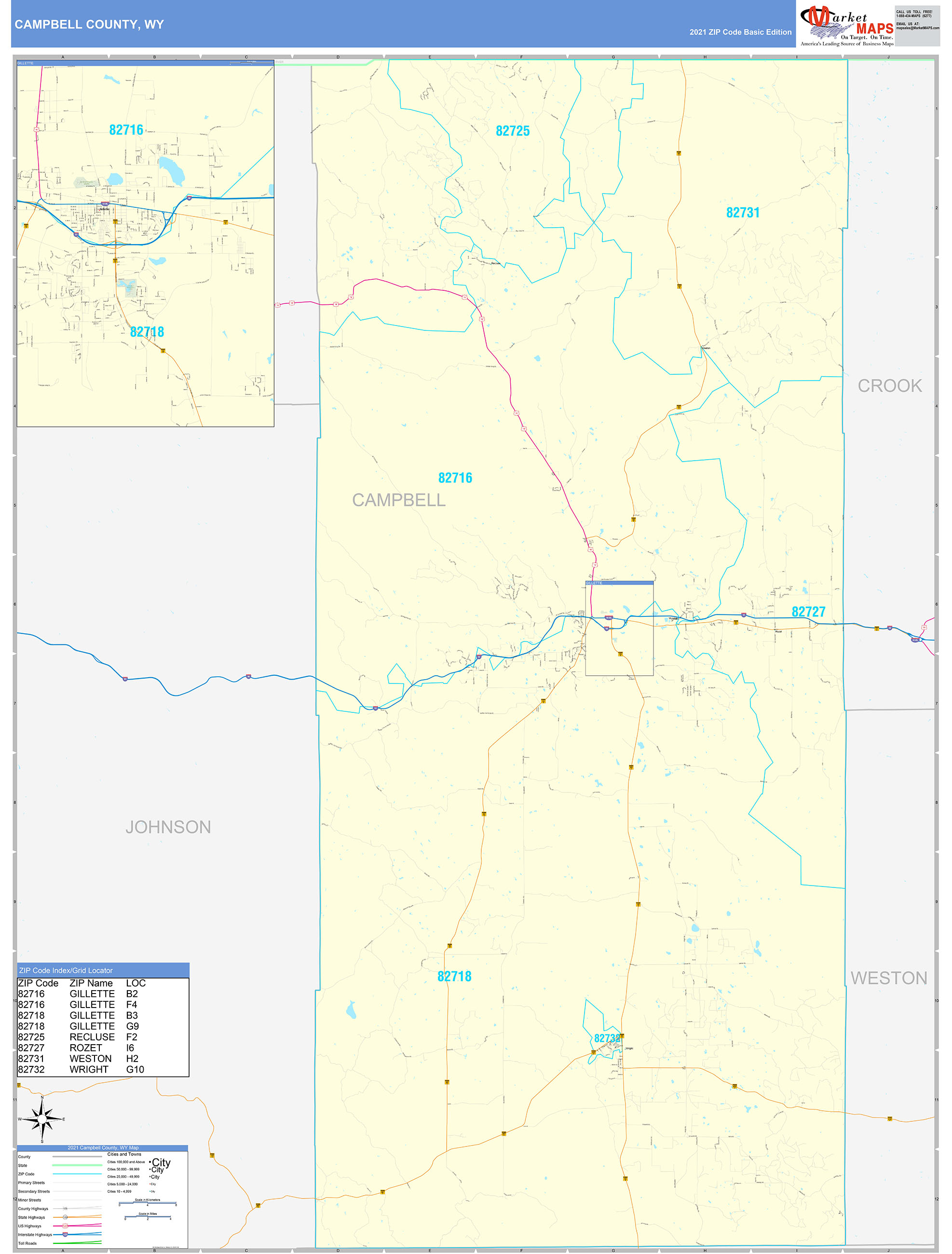 Campbell County, WY Zip Code Wall Map Basic Style by MarketMAPS MapSales
