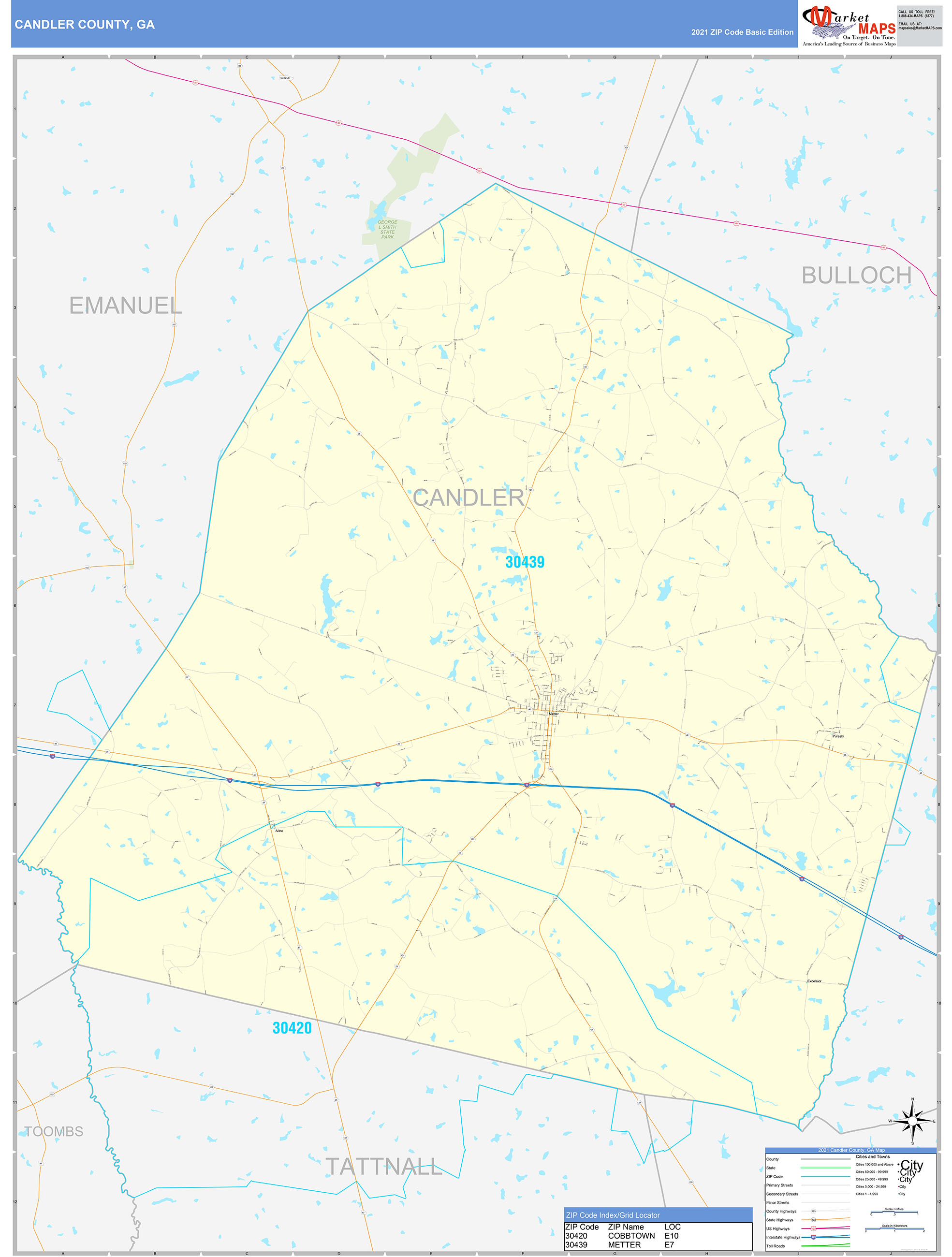 Candler County, GA Zip Code Wall Map Basic Style by MarketMAPS MapSales