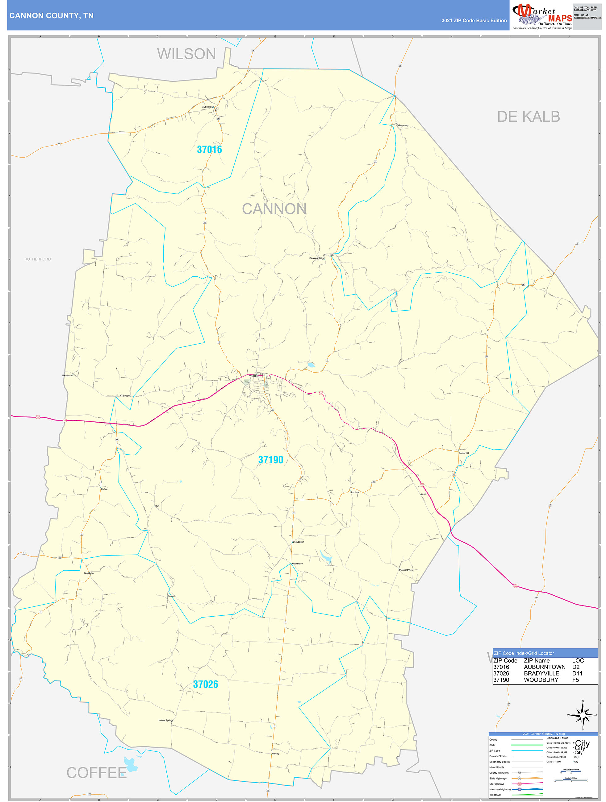 Cannon County, TN Zip Code Wall Map Basic Style by MarketMAPS MapSales