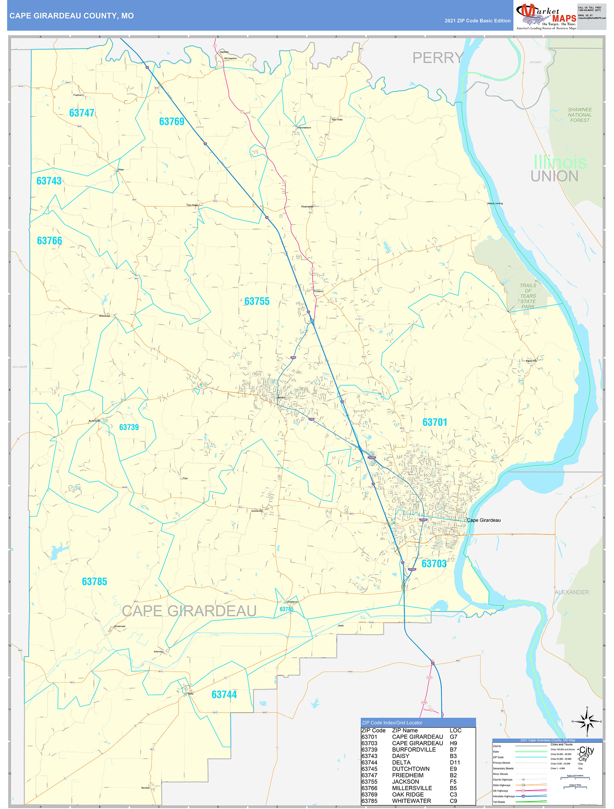 Cape Girardeau County, MO Zip Code Wall Map Basic Style by MarketMAPS