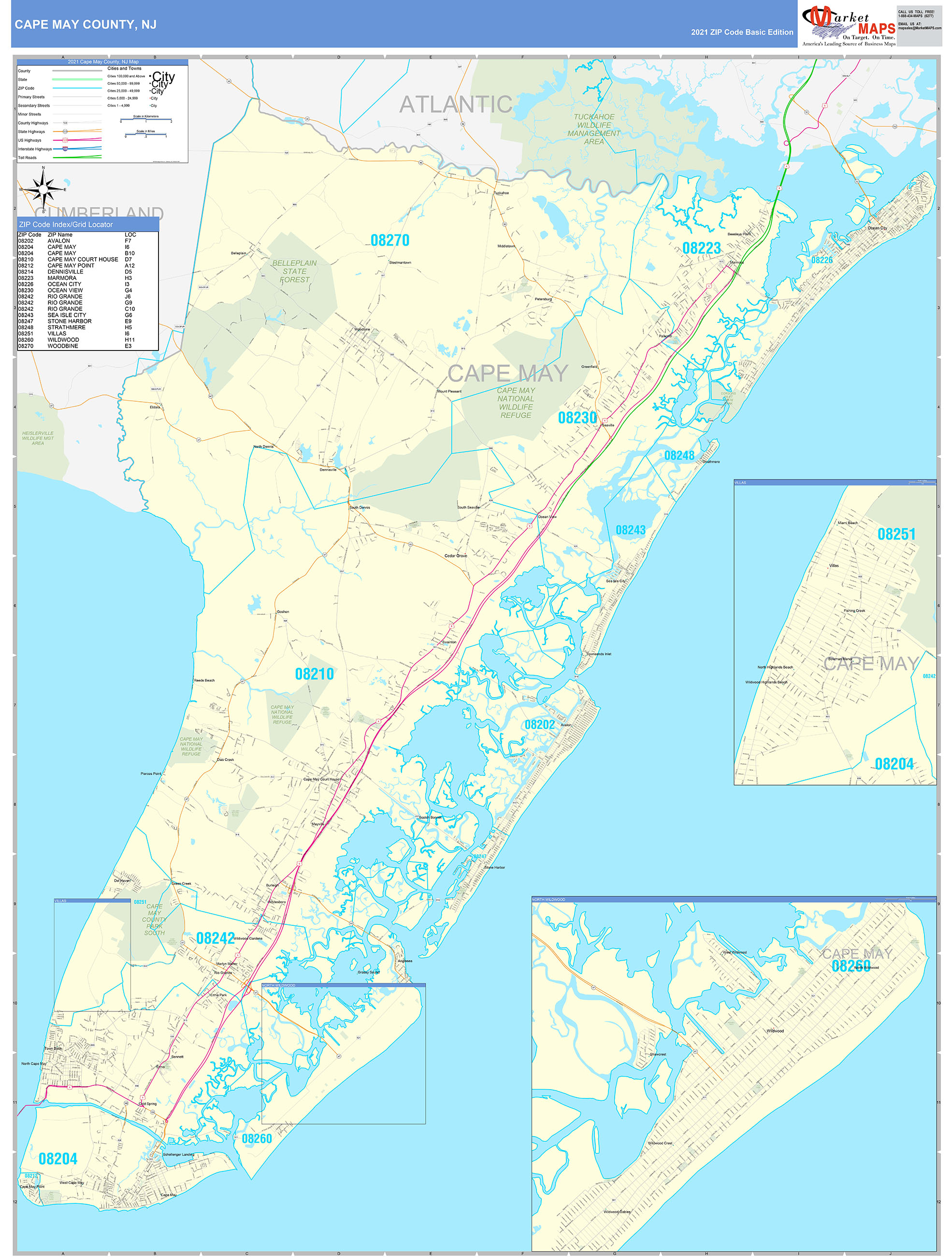 Cape May County, NJ Zip Code Wall Map Basic Style by MarketMAPS MapSales