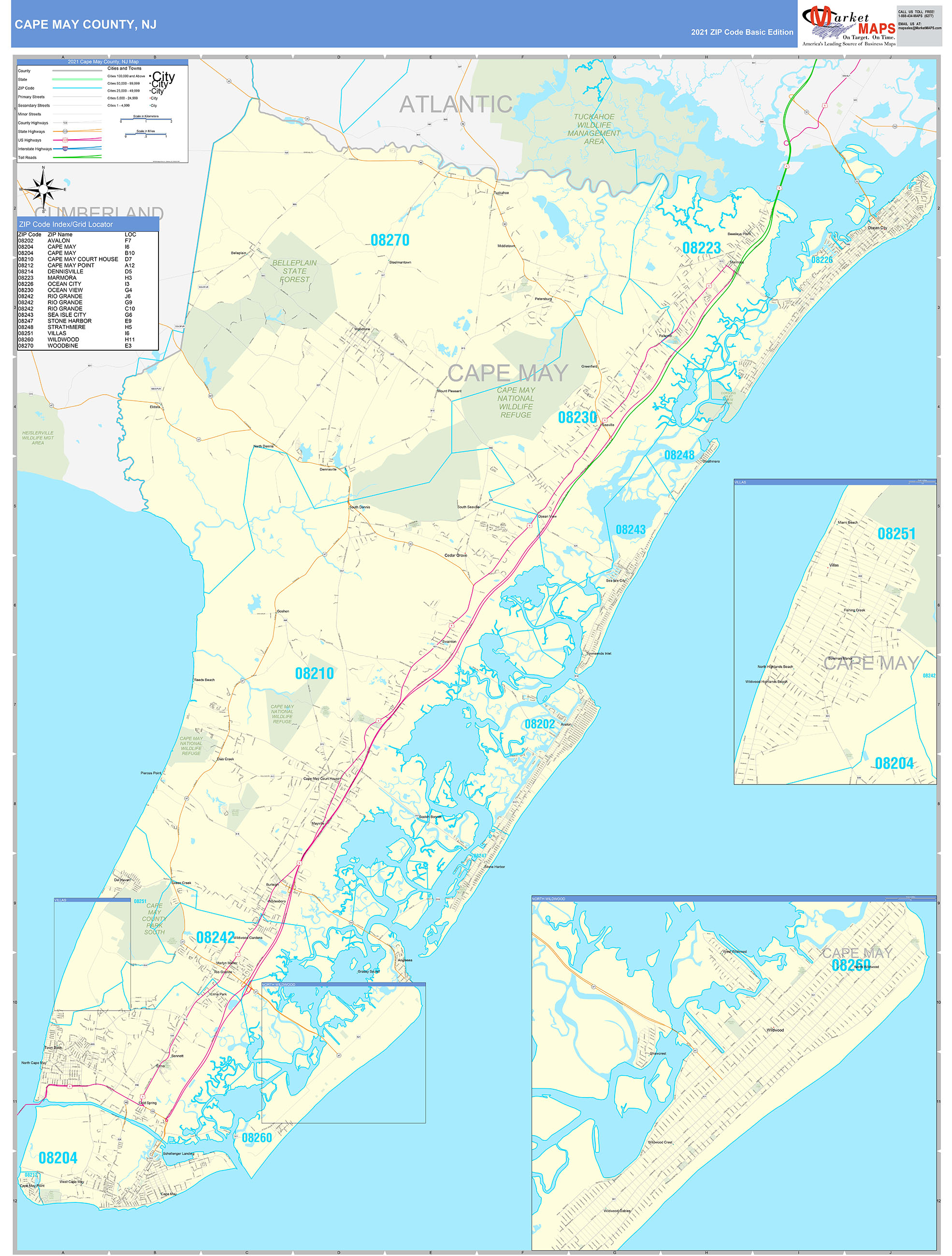 Cape May County, NJ Zip Code Wall Map Basic Style by MarketMAPS - MapSales
