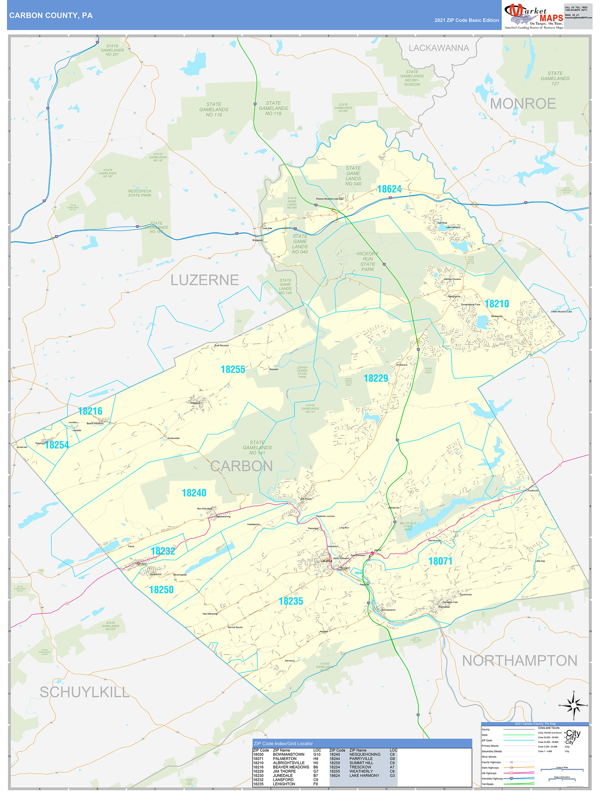Carbon County, PA Zip Code Wall Map Basic Style by MarketMAPS MapSales