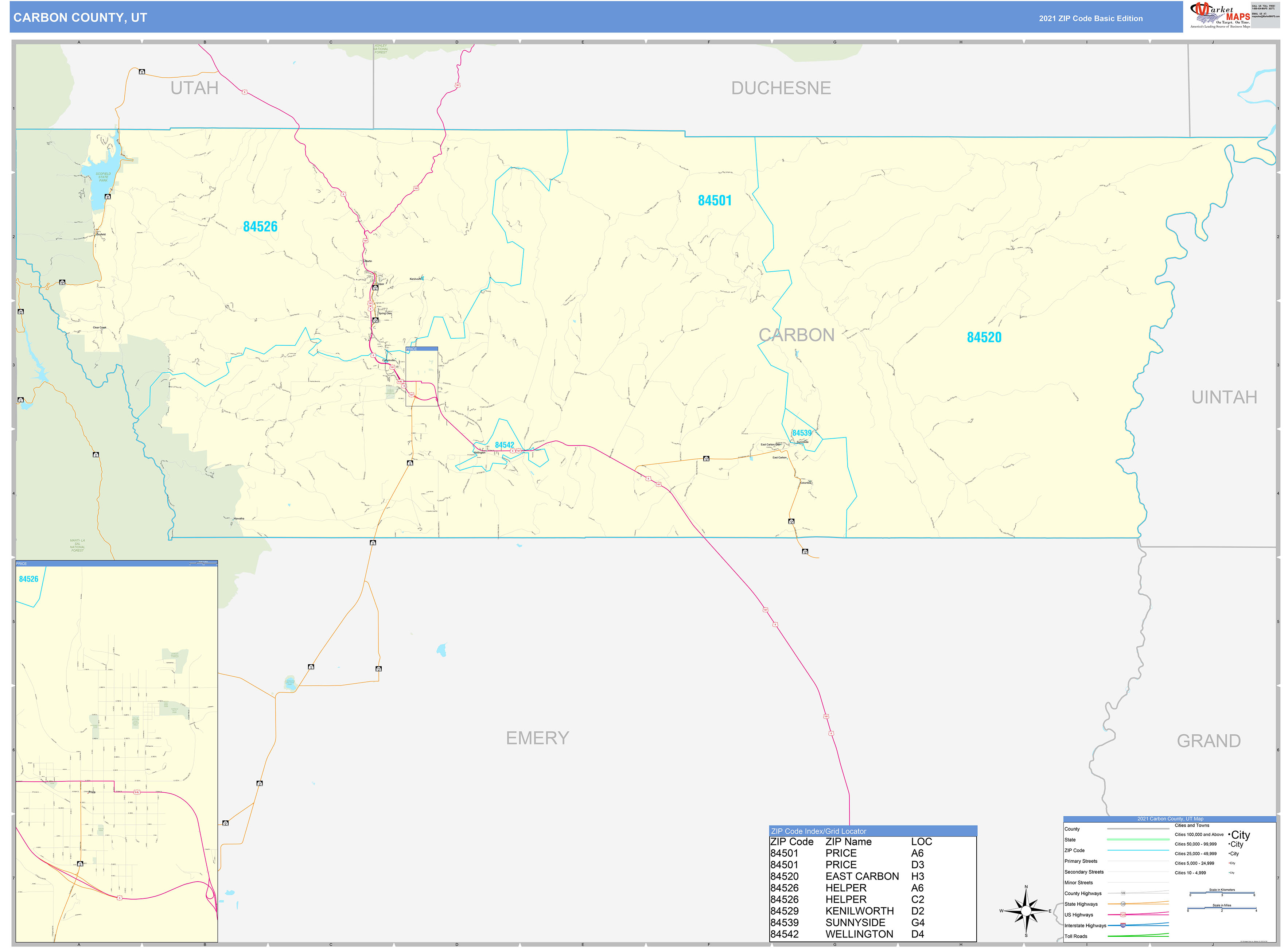 Carbon County, UT Zip Code Wall Map Basic Style by MarketMAPS