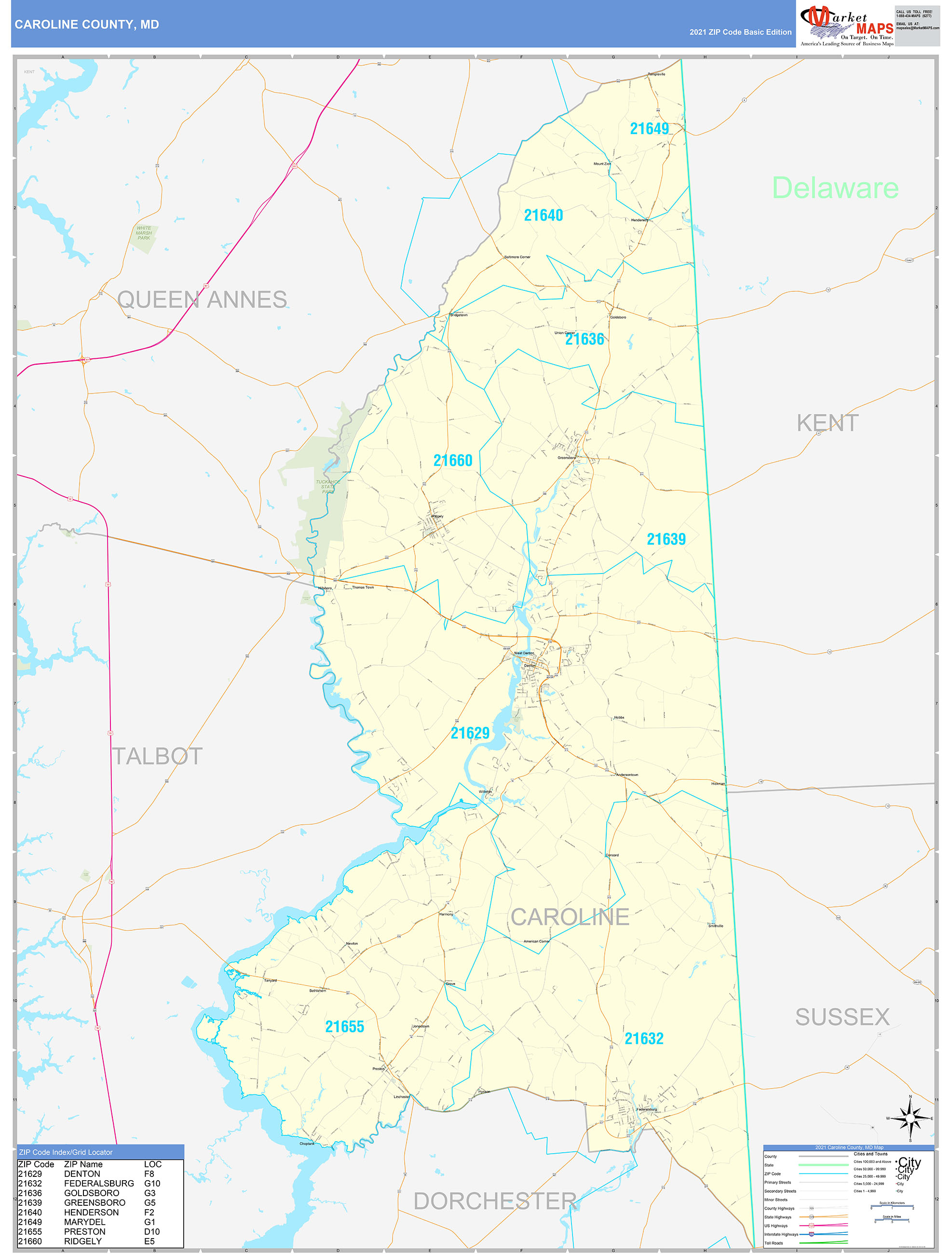 Caroline County, MD Zip Code Wall Map Basic Style by MarketMAPS