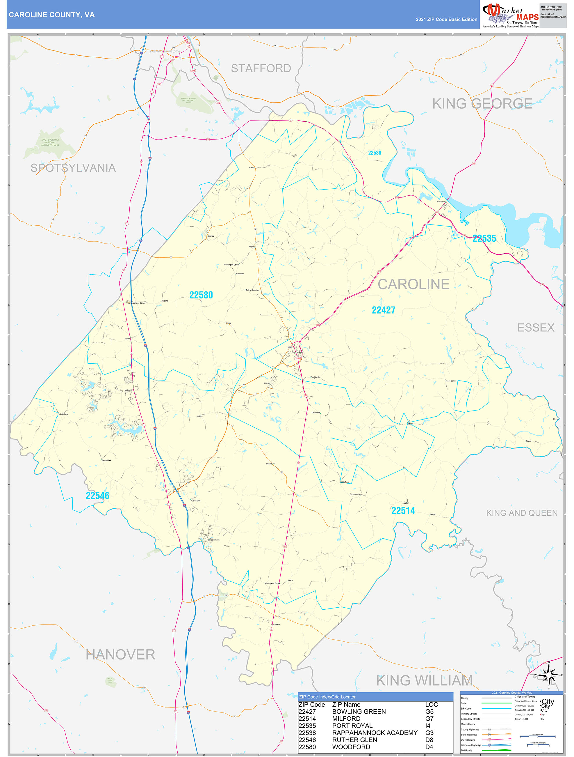 Caroline County, VA Zip Code Wall Map Basic Style by MarketMAPS MapSales