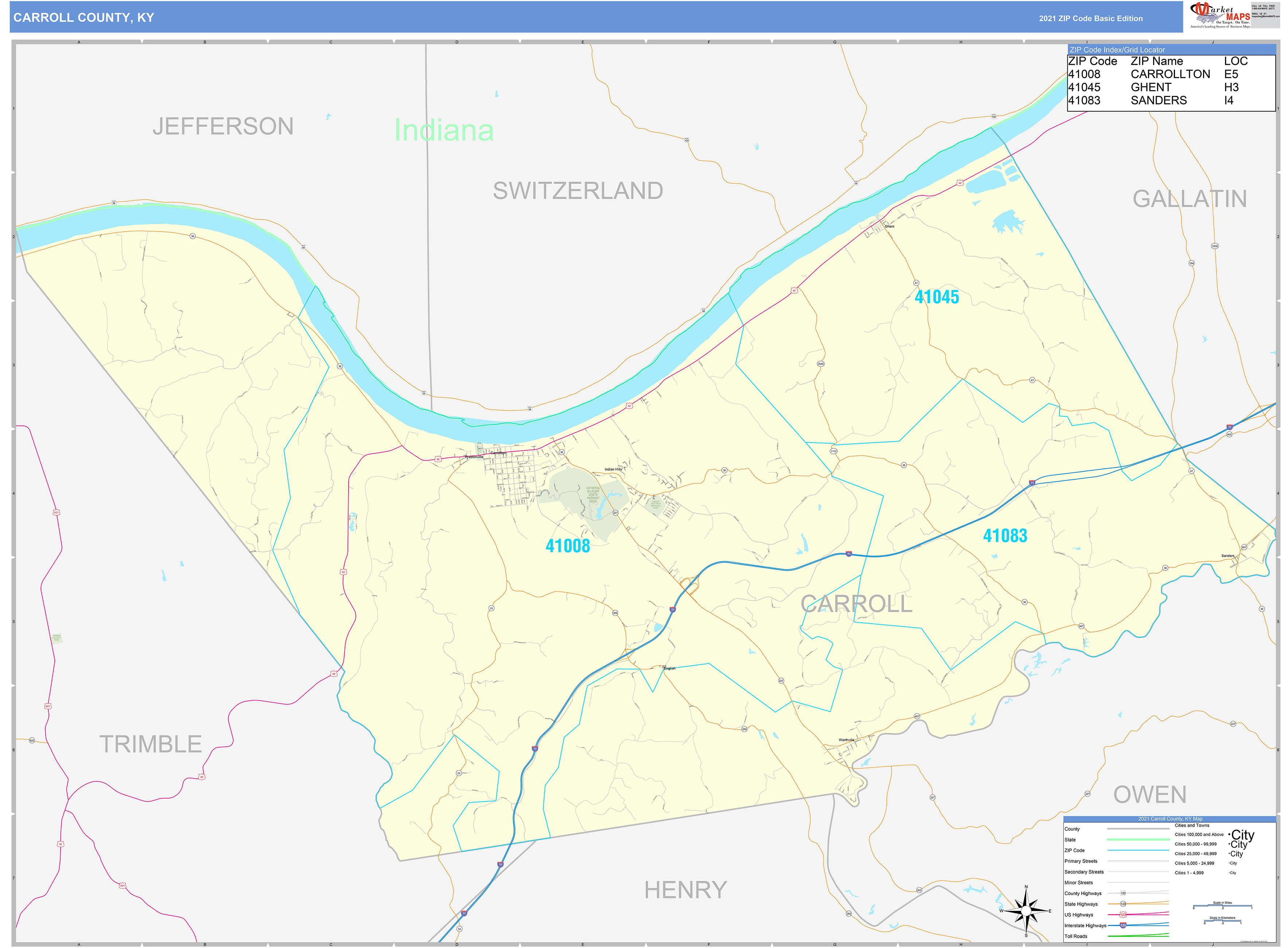 Carroll County, KY Zip Code Wall Map Basic Style by MarketMAPS MapSales