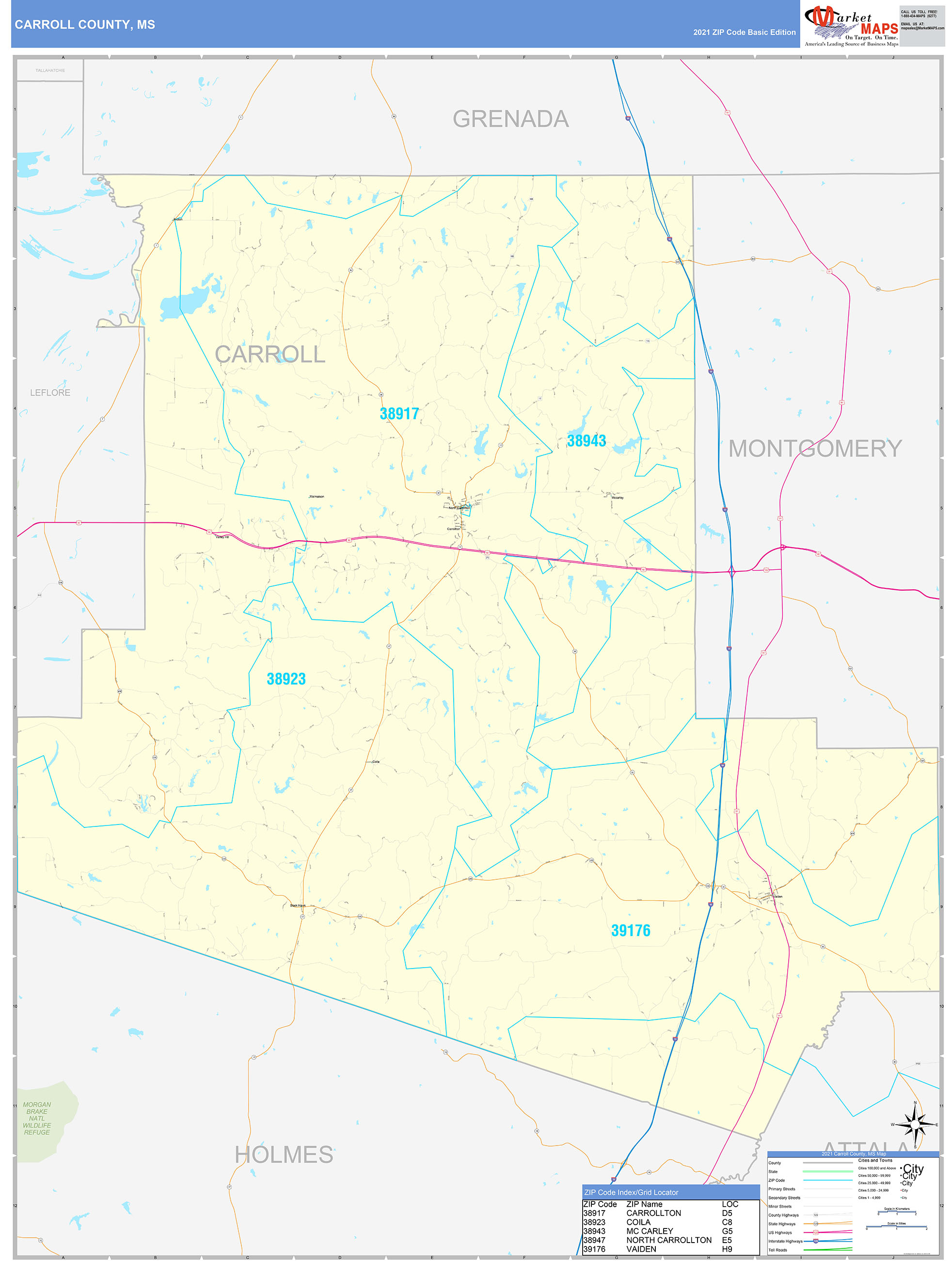 Carroll County, MS Zip Code Wall Map Basic Style by MarketMAPS