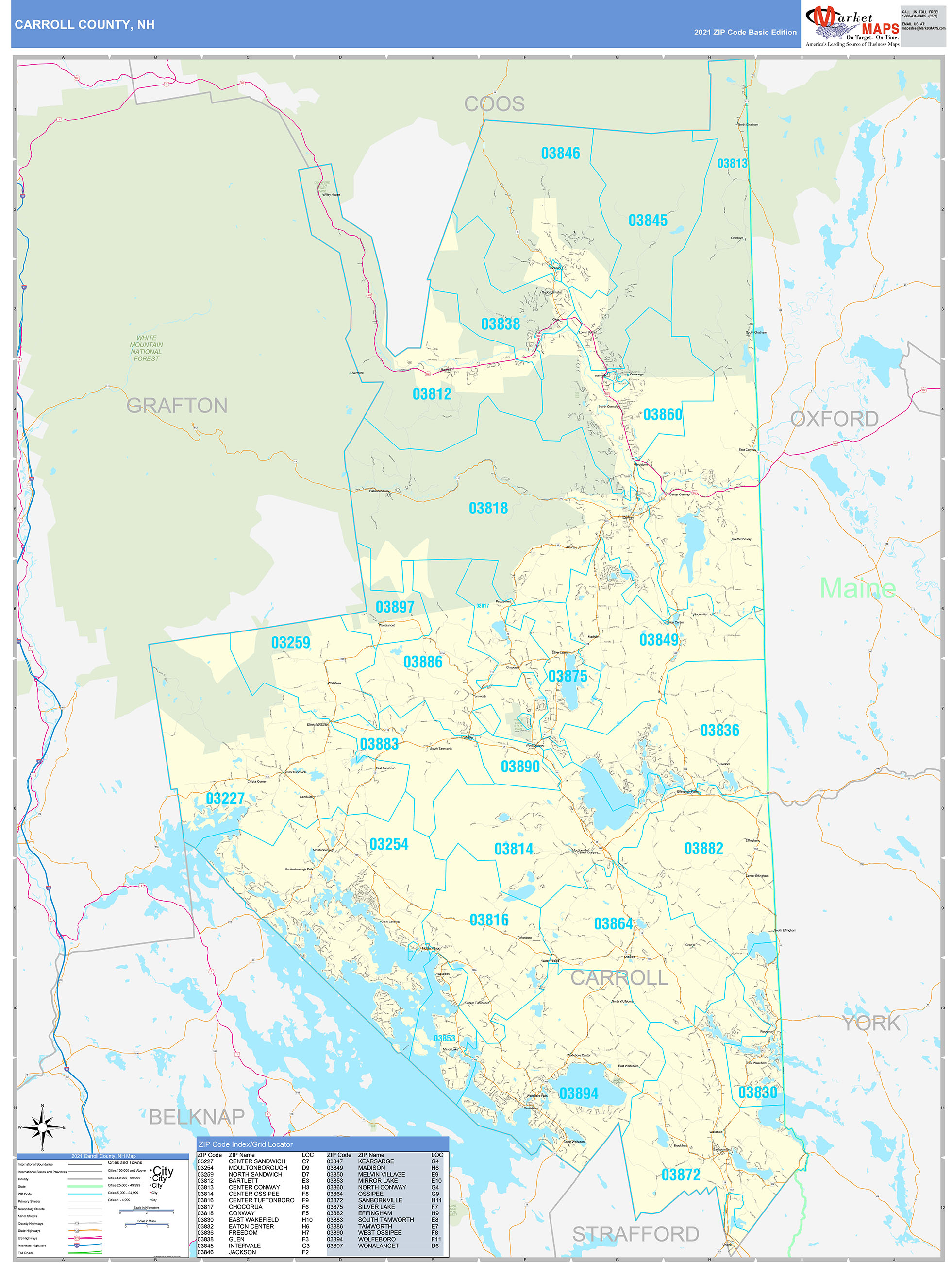 Carroll County, NH Zip Code Wall Map Basic Style by MarketMAPS